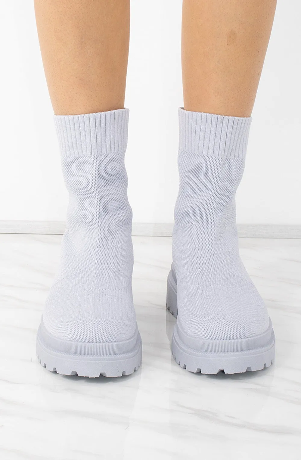 Chunky Grey Ribbed Fabric Ankle Sock Boot