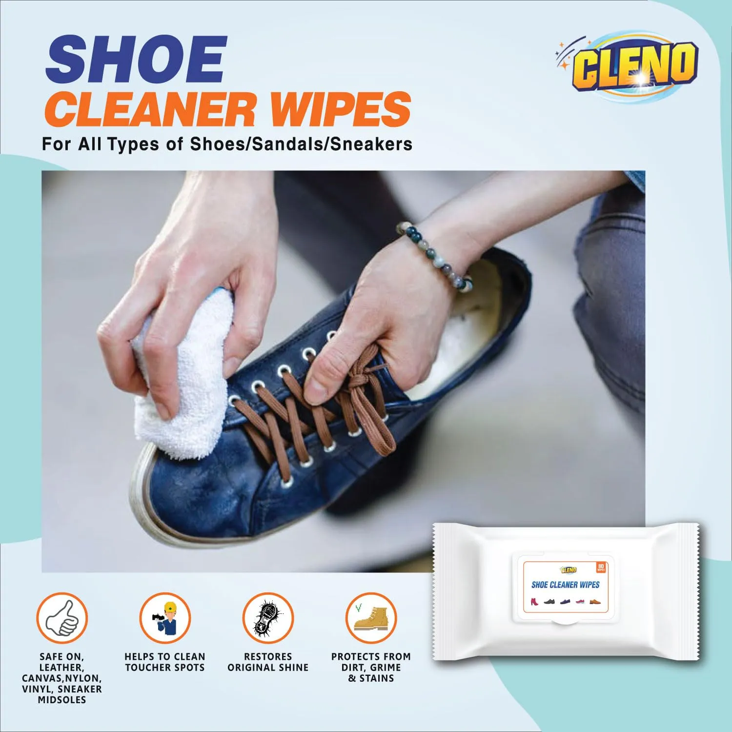 Cleno Shoe Cleaner Wet Wipes For Shoes/Loafers/Sandals/Slippers/Traditional Footwear/Athletic Shoes/Sneakers/White Shoes/Golf-Tennis Shoes/Scrub Off Dirt/Mud - 80 Wipes | Pack of 2 (Ready to Use)