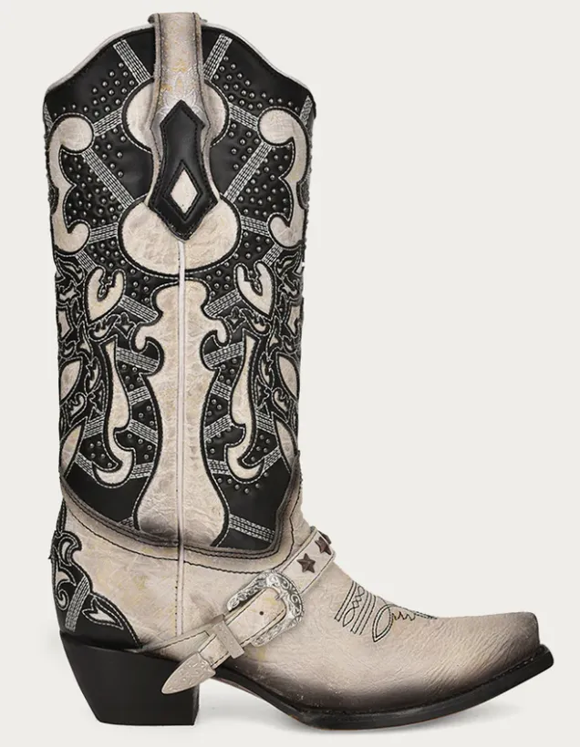 CORRAL DISTRESSED WHITE BLACK OVERLAY SNIP TOE BOOTS STYLE C4011