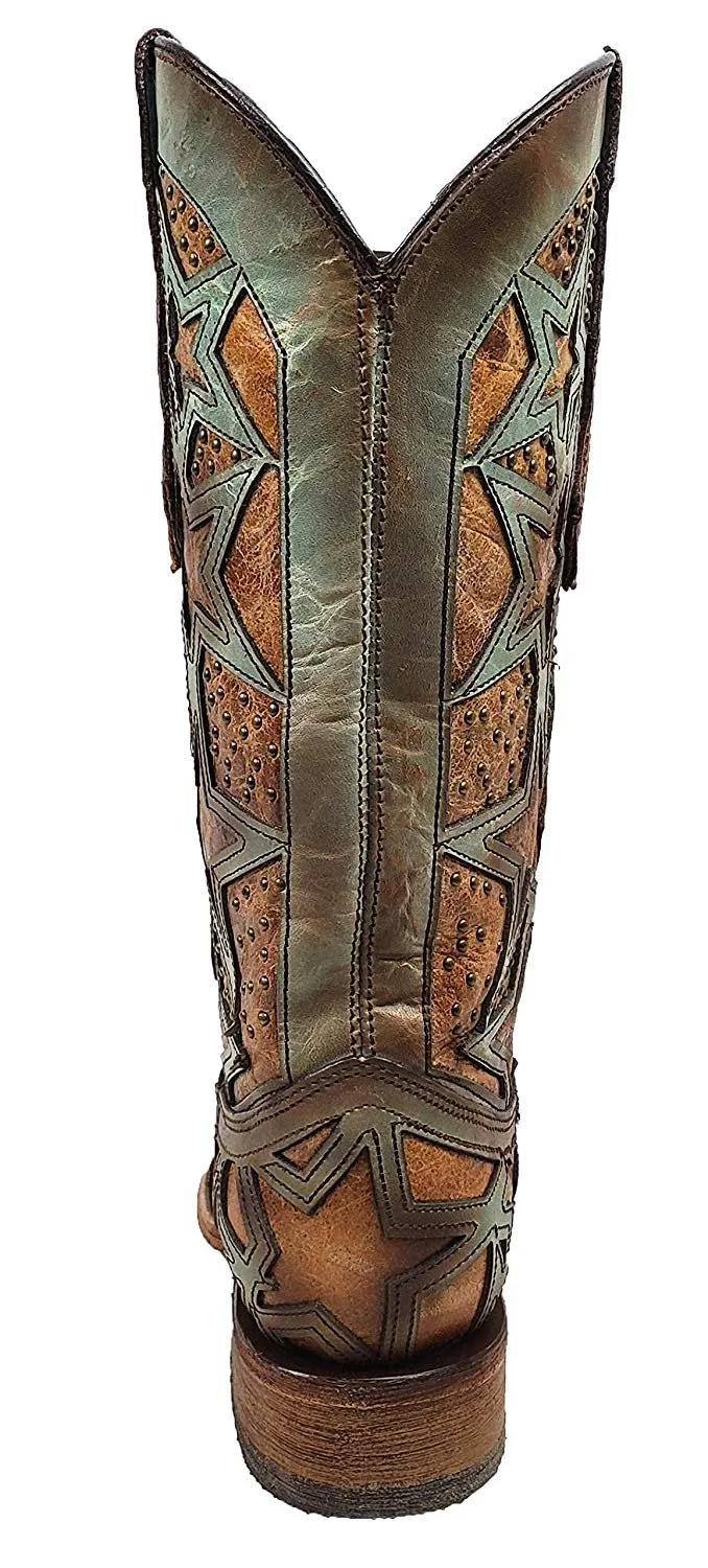 CORRAL Women's Turquoise/Brown Stars Inlay Square Toe Boots C3519