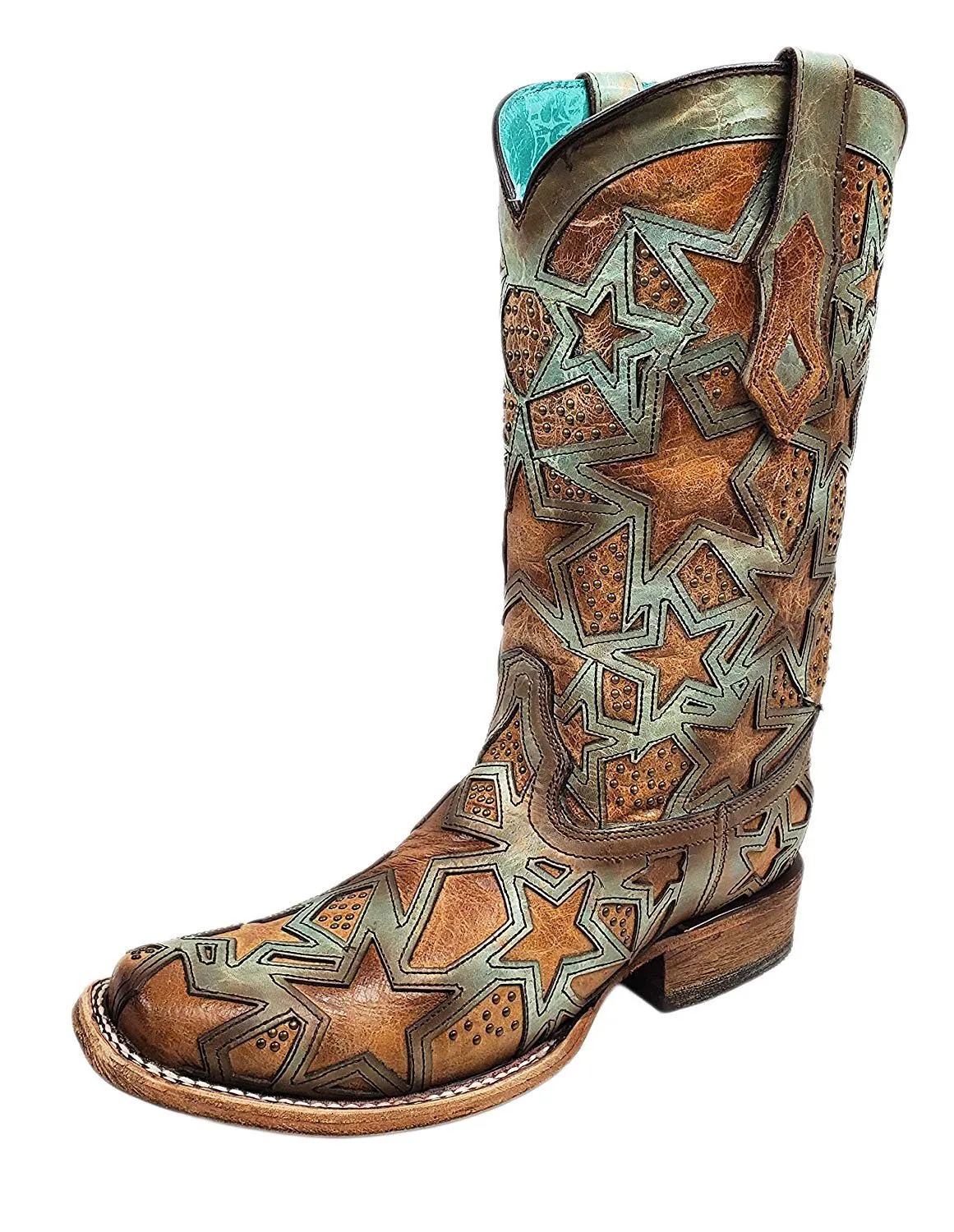 CORRAL Women's Turquoise/Brown Stars Inlay Square Toe Boots C3519