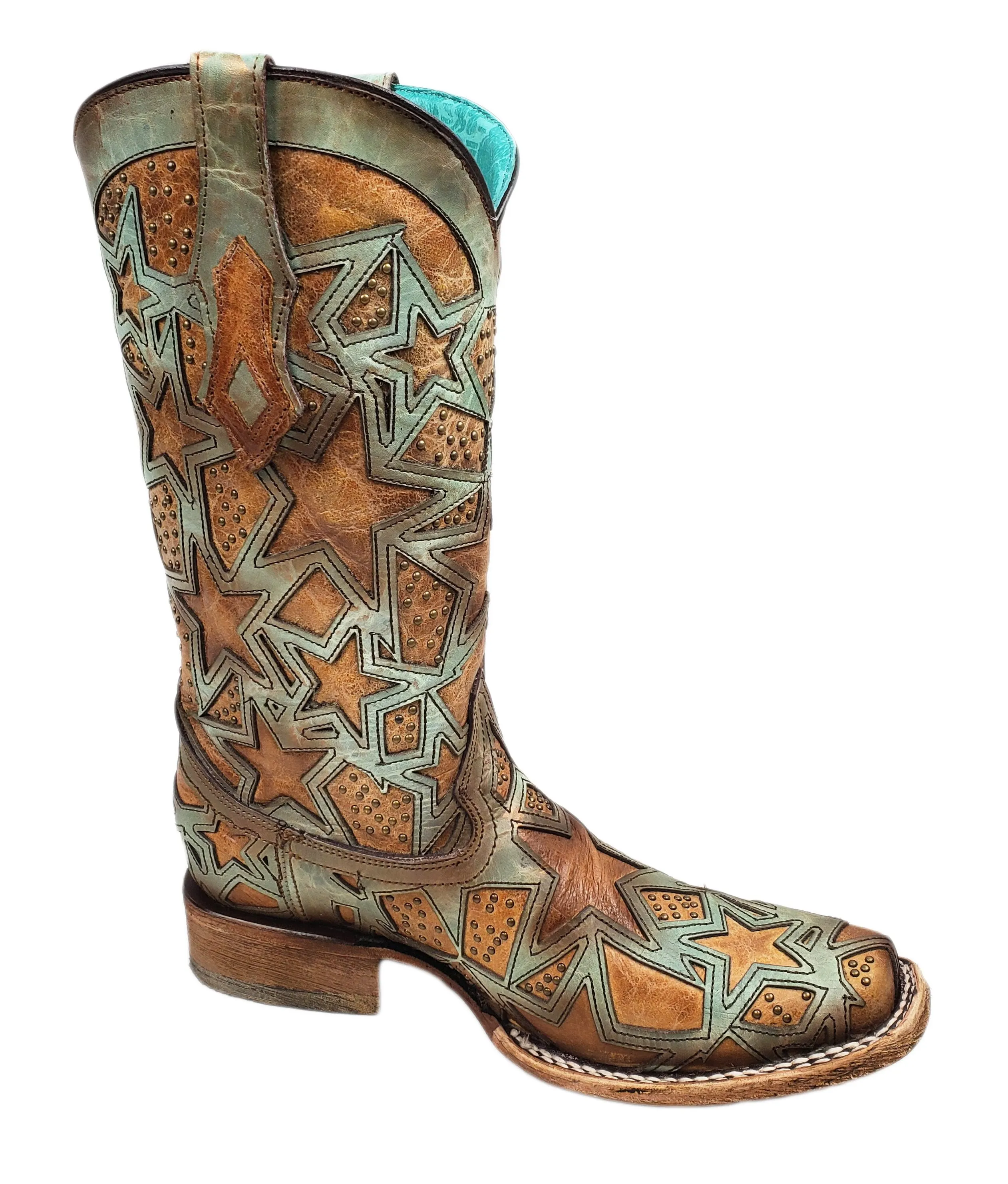 CORRAL Women's Turquoise/Brown Stars Inlay Square Toe Boots C3519