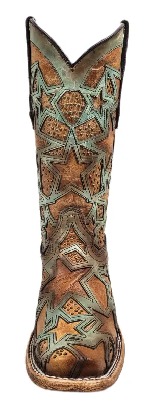 CORRAL Women's Turquoise/Brown Stars Inlay Square Toe Boots C3519