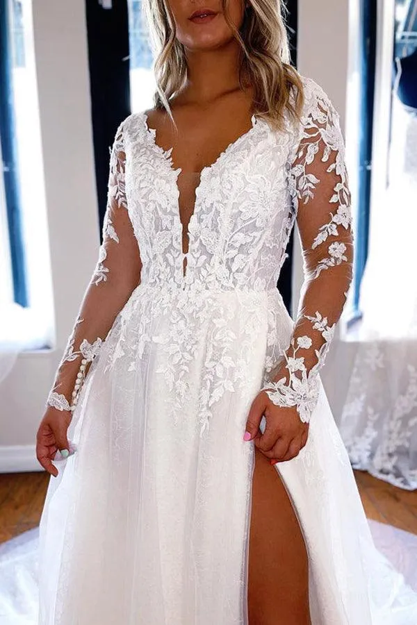 Elegant A-line V Neck Lace Long Sleeves Wedding Dresses WD588