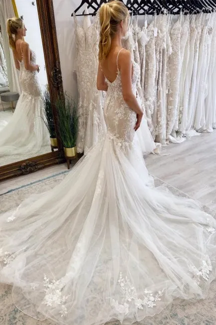 Elegant Long Mermaid V-neck Sleeveless Wedding Dresses With Lace