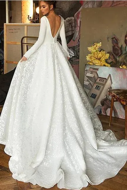 Elegant Long Sleeves A-Line V Neck Beach Lace Wedding Dress, PW434