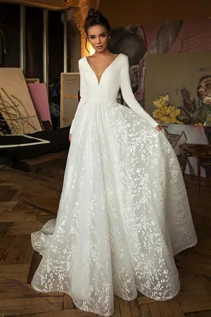 Elegant Long Sleeves A-Line V Neck Beach Lace Wedding Dress, PW434