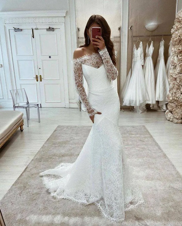 Elegant White Mermaid Lace Beach Wedding Dresses With Long Sleeves PW439