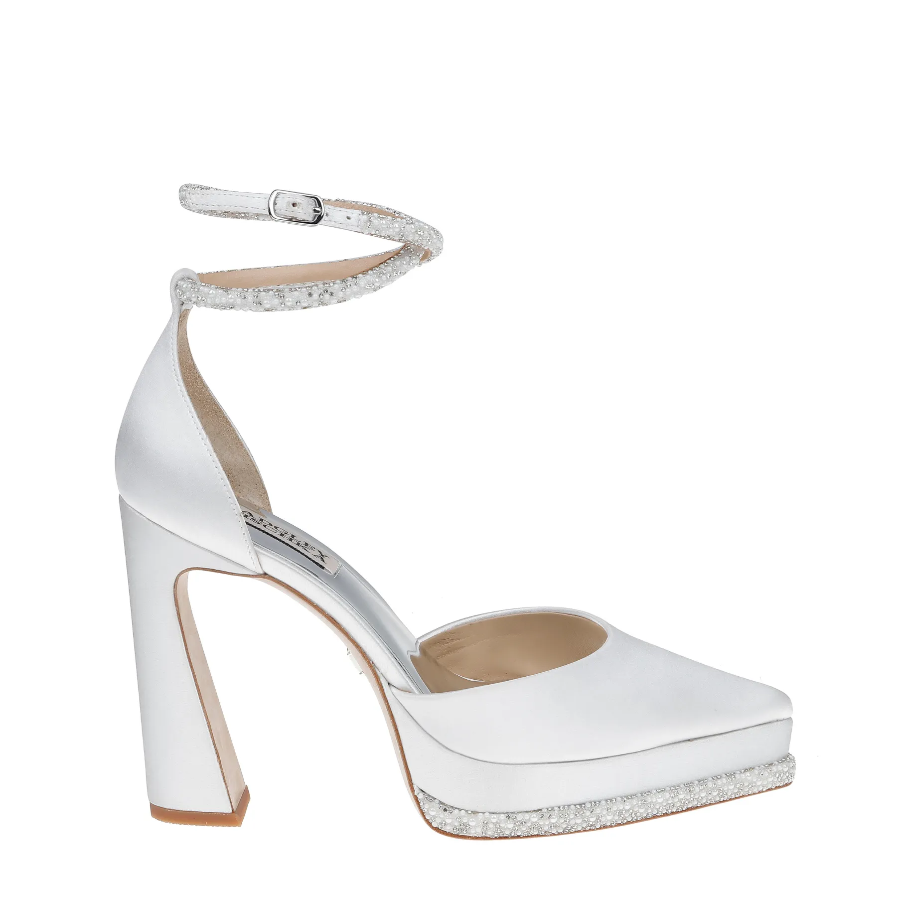 Eliana - Pointed Closed Toe Platform Heel with Pearl & Crystal Strap - Soft White