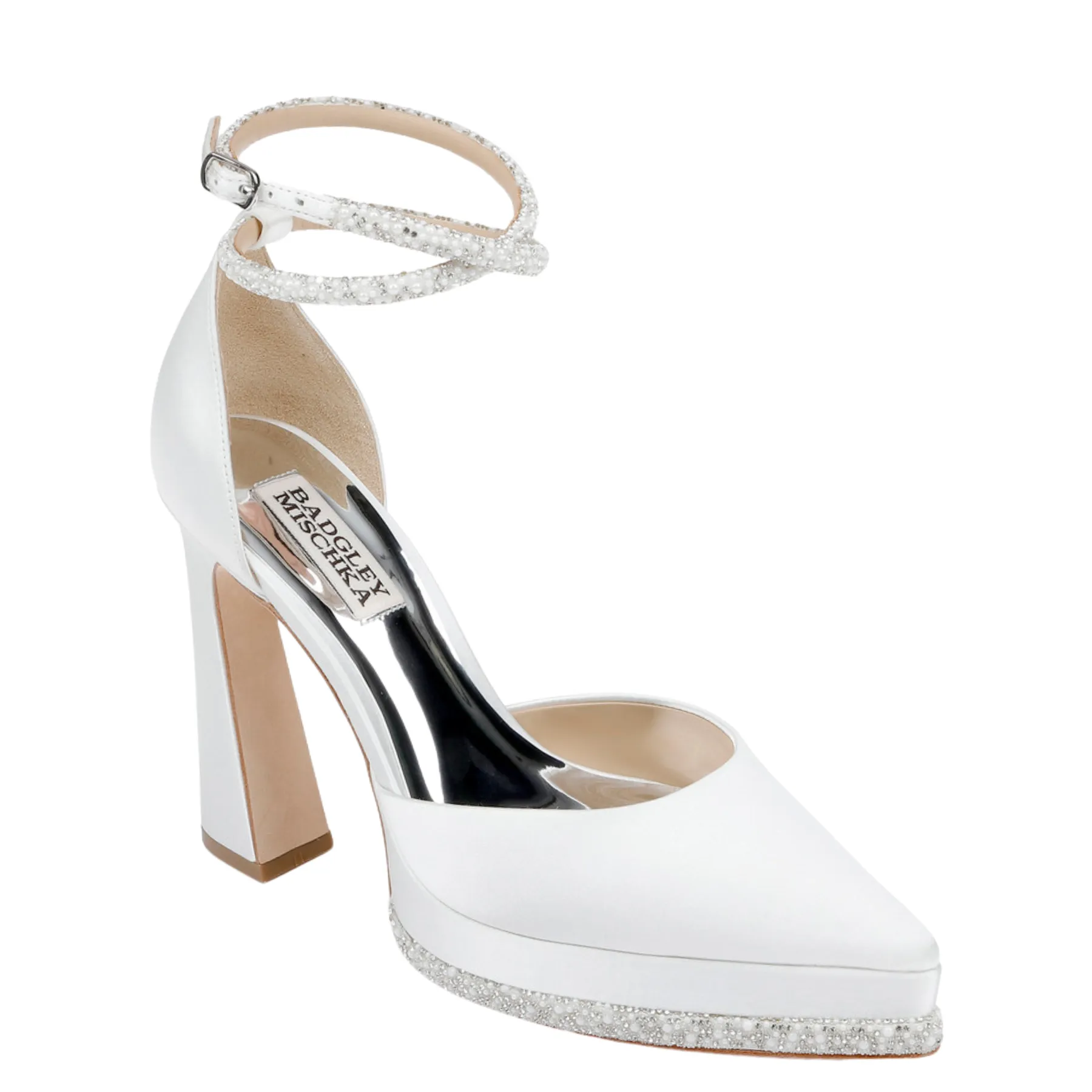 Eliana - Pointed Closed Toe Platform Heel with Pearl & Crystal Strap - Soft White