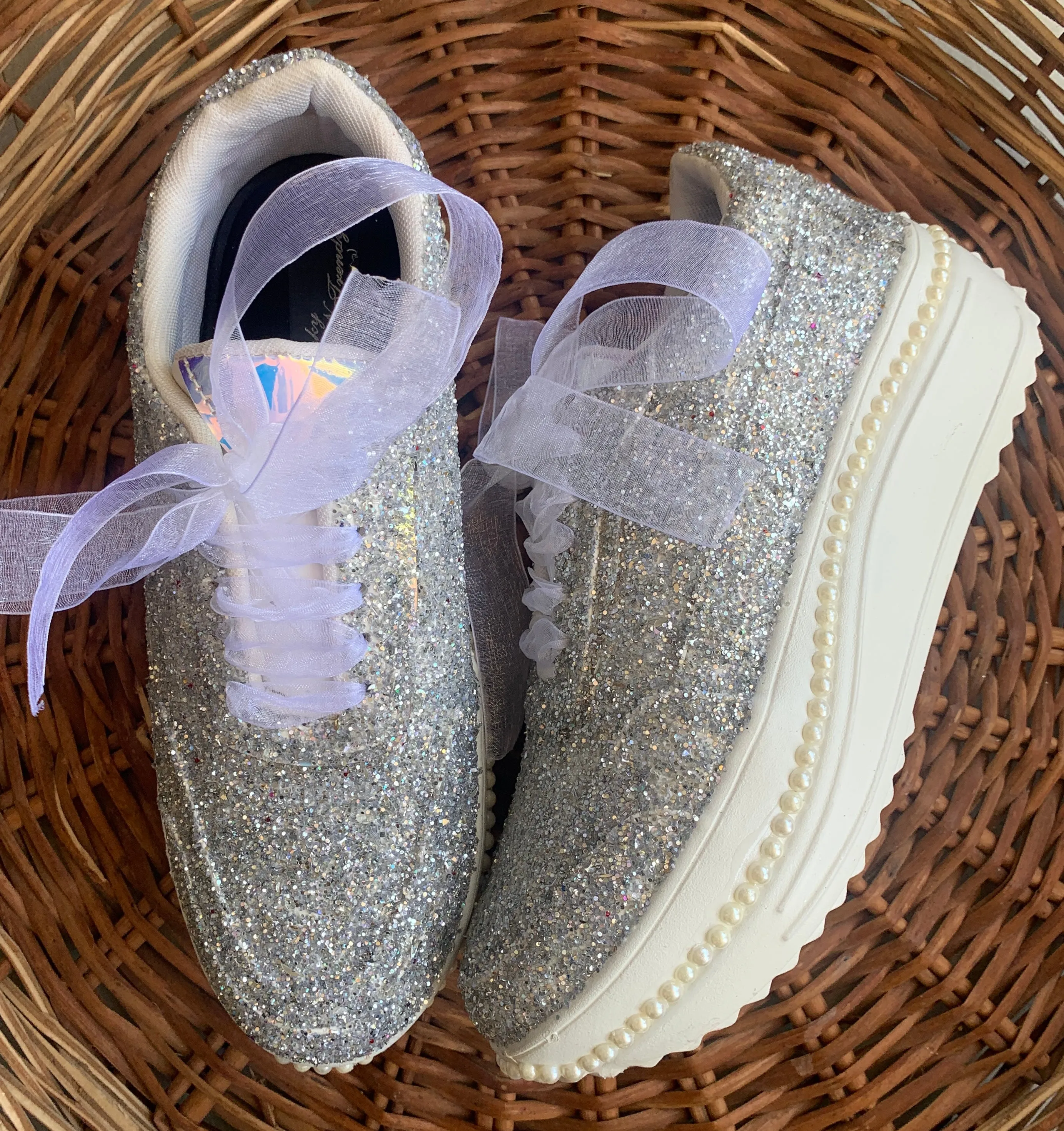 FUNKY N TRENDY silver glitter heeled sneakers with pearl detailing for brides /bridesmaids / sneakers for bridesmaids/ handcrafted sneakers/ glitter sneakers / bridal sneakers / bridesmaid sneakers/ silver sneakers / silver shoes