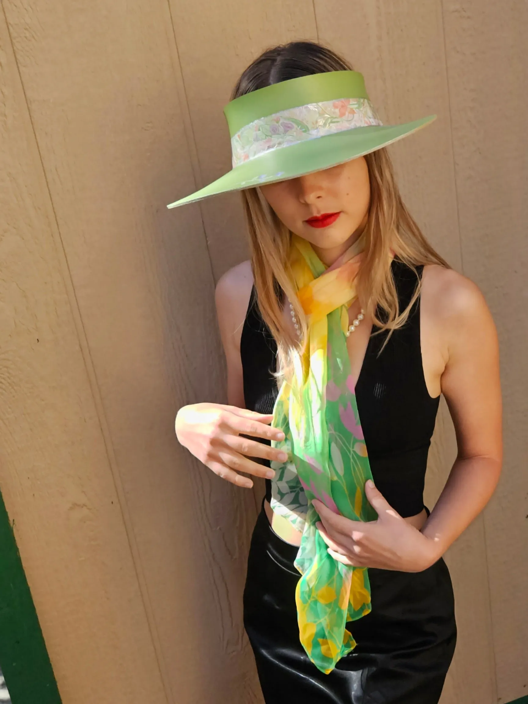 Green "LadyEVA" Visor Hat with Bright Pastel Garden Band and Handpainted Floral Motif