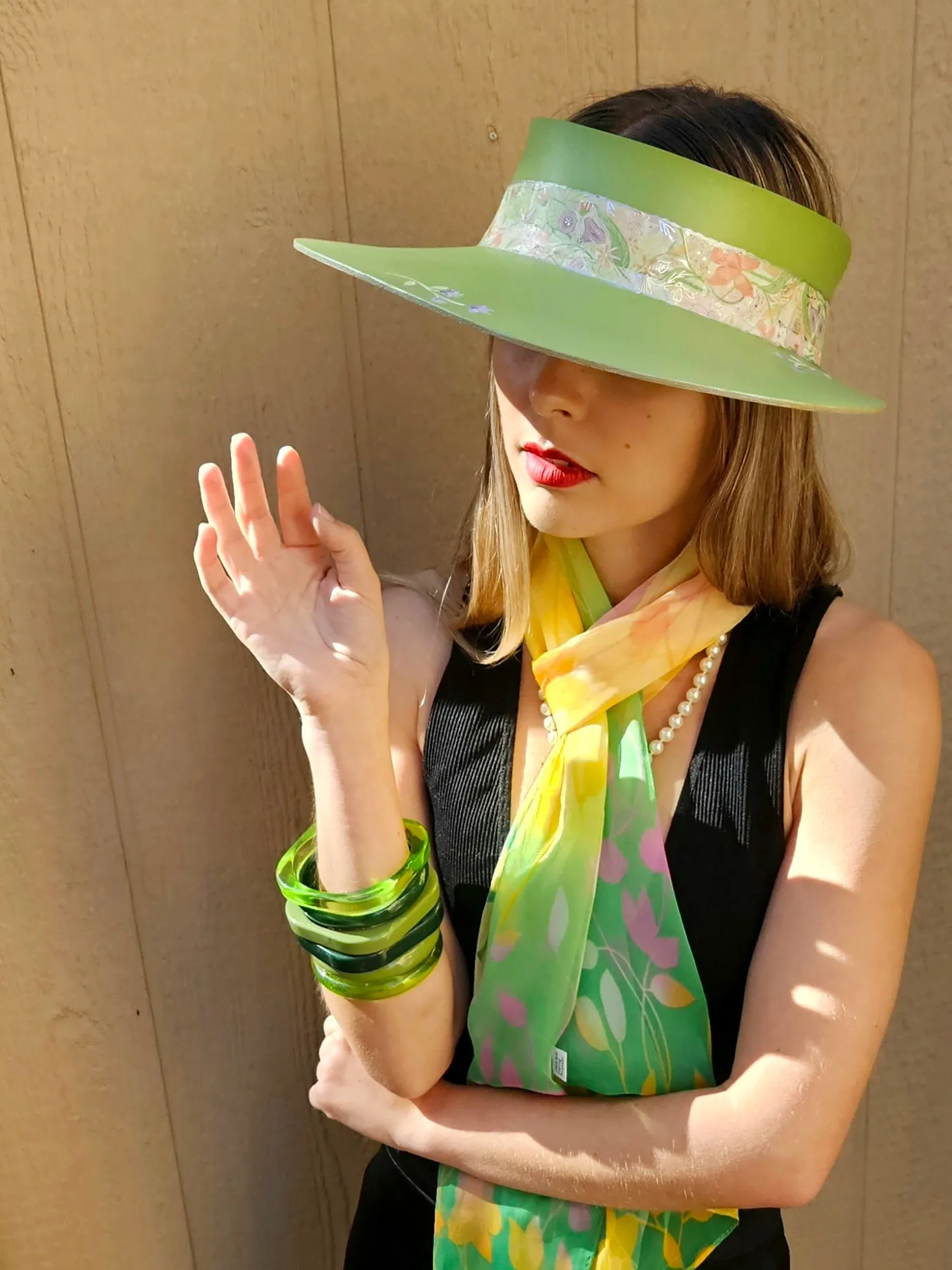 Green "LadyEVA" Visor Hat with Bright Pastel Garden Band and Handpainted Floral Motif