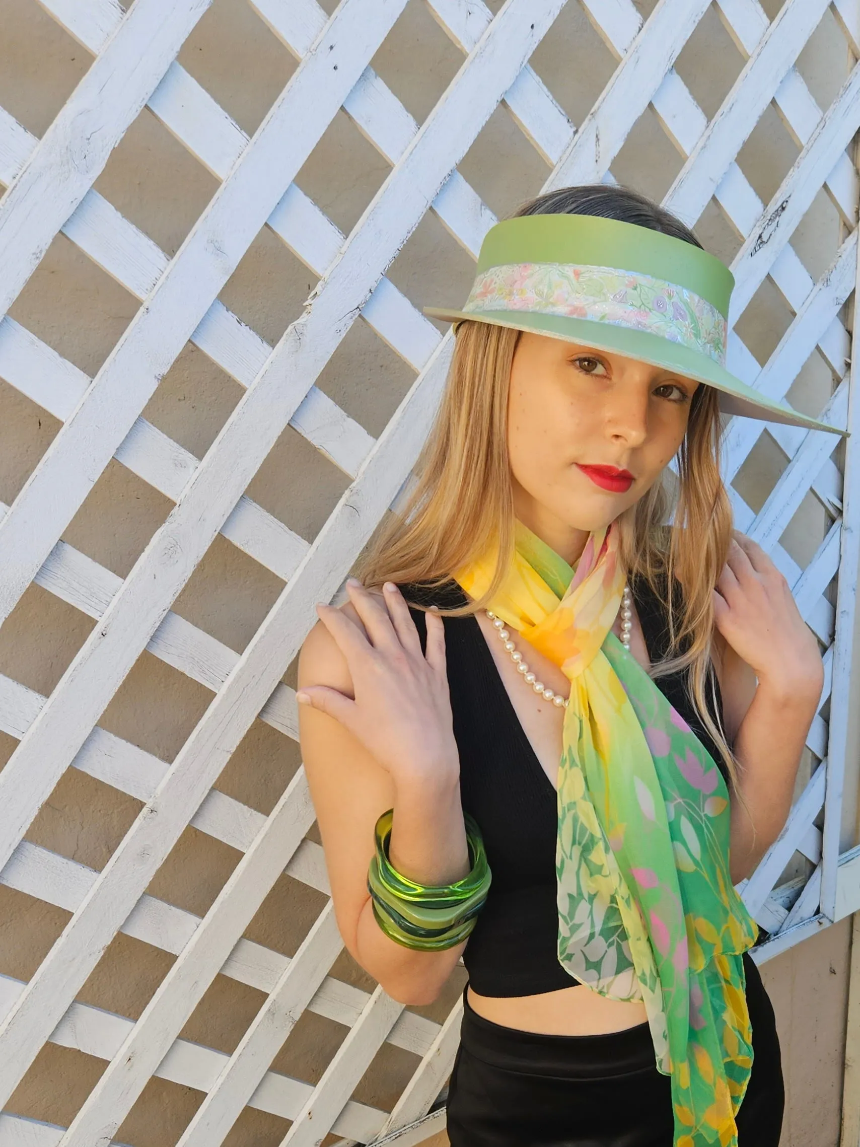 Green "LadyEVA" Visor Hat with Bright Pastel Garden Band and Handpainted Floral Motif