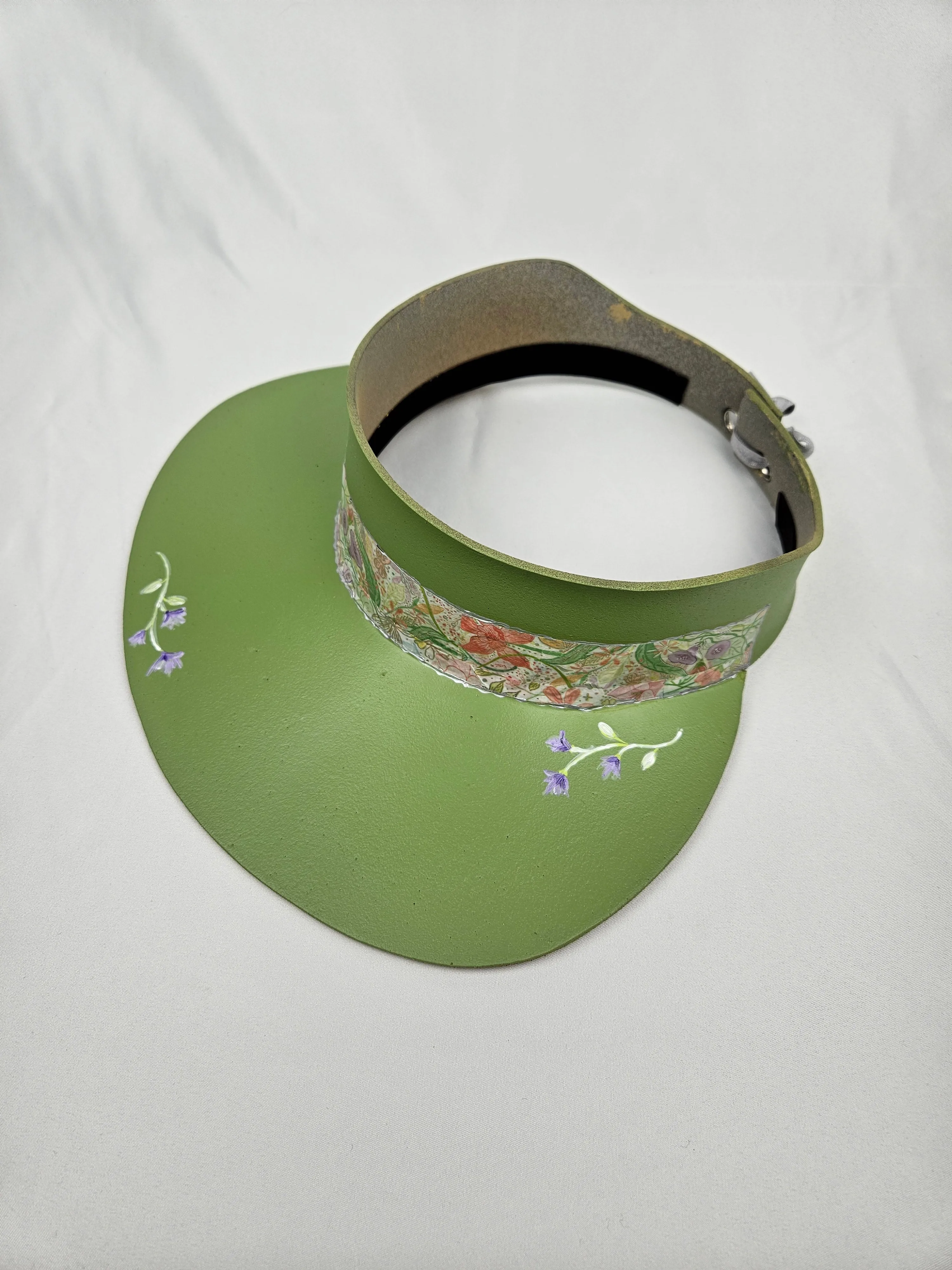 Green "LadyEVA" Visor Hat with Bright Pastel Garden Band and Handpainted Floral Motif