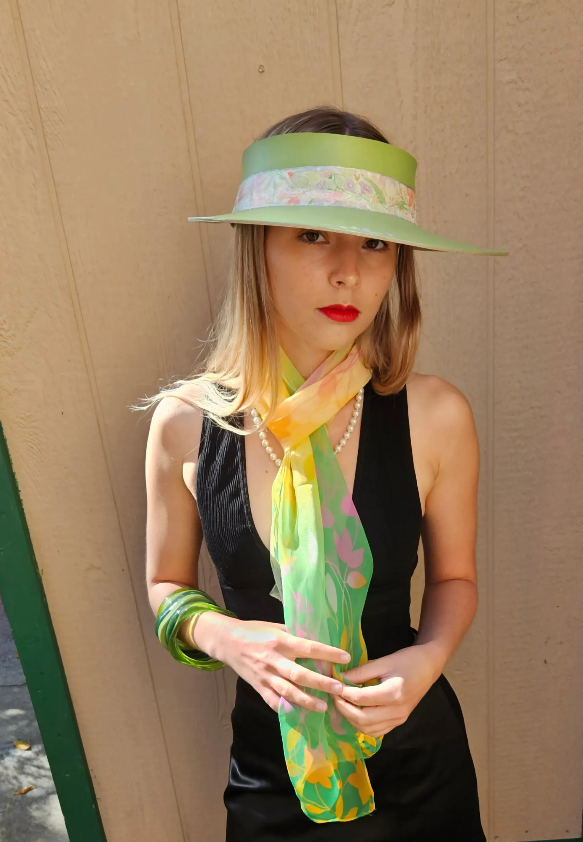 Green "LadyEVA" Visor Hat with Bright Pastel Garden Band and Handpainted Floral Motif