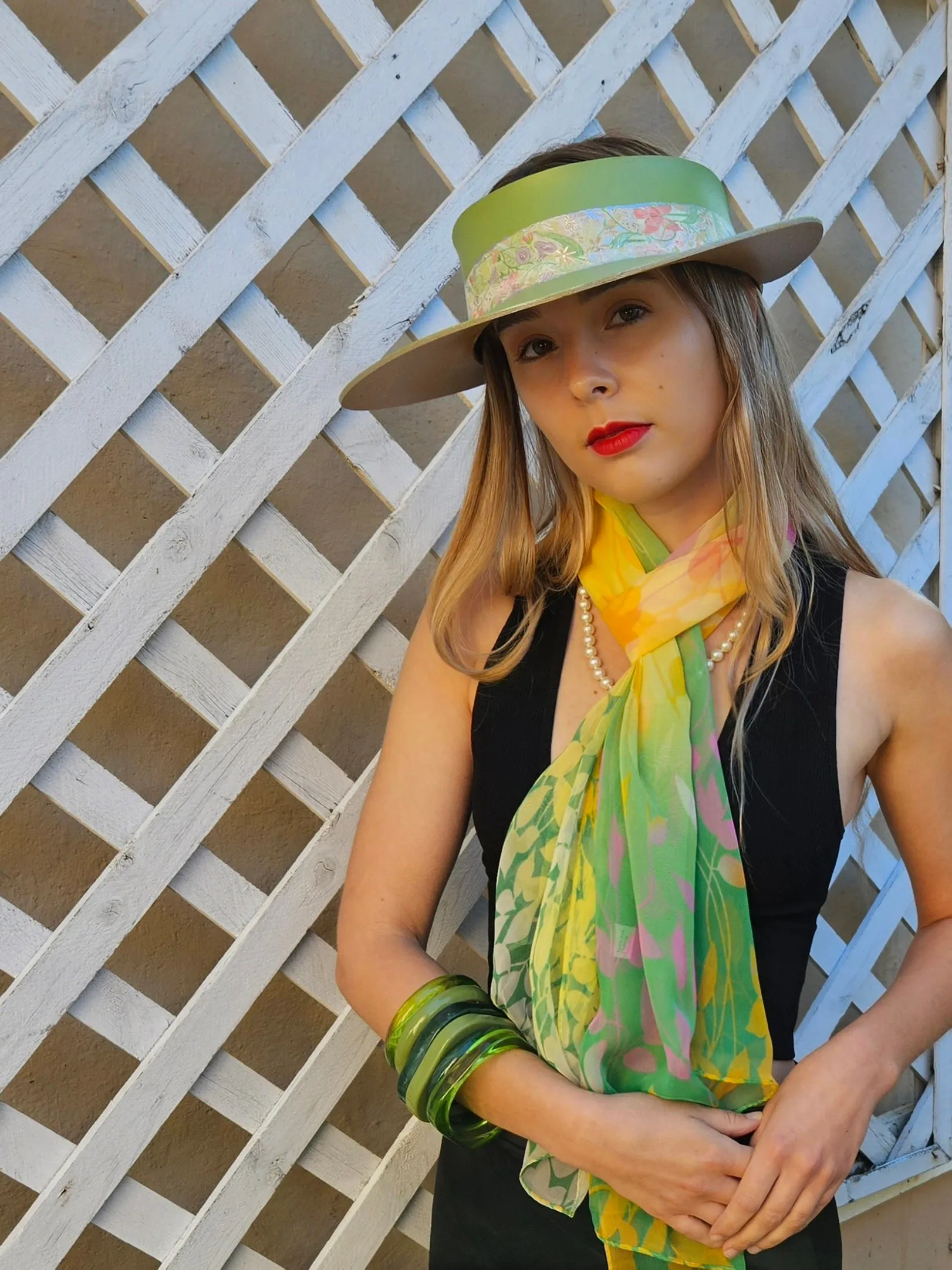 Green "LadyEVA" Visor Hat with Bright Pastel Garden Band and Handpainted Floral Motif