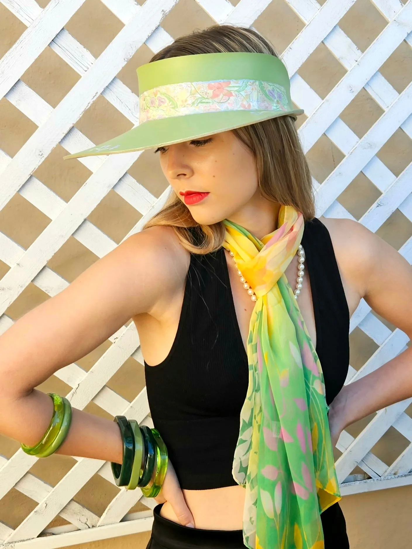 Green "LadyEVA" Visor Hat with Bright Pastel Garden Band and Handpainted Floral Motif