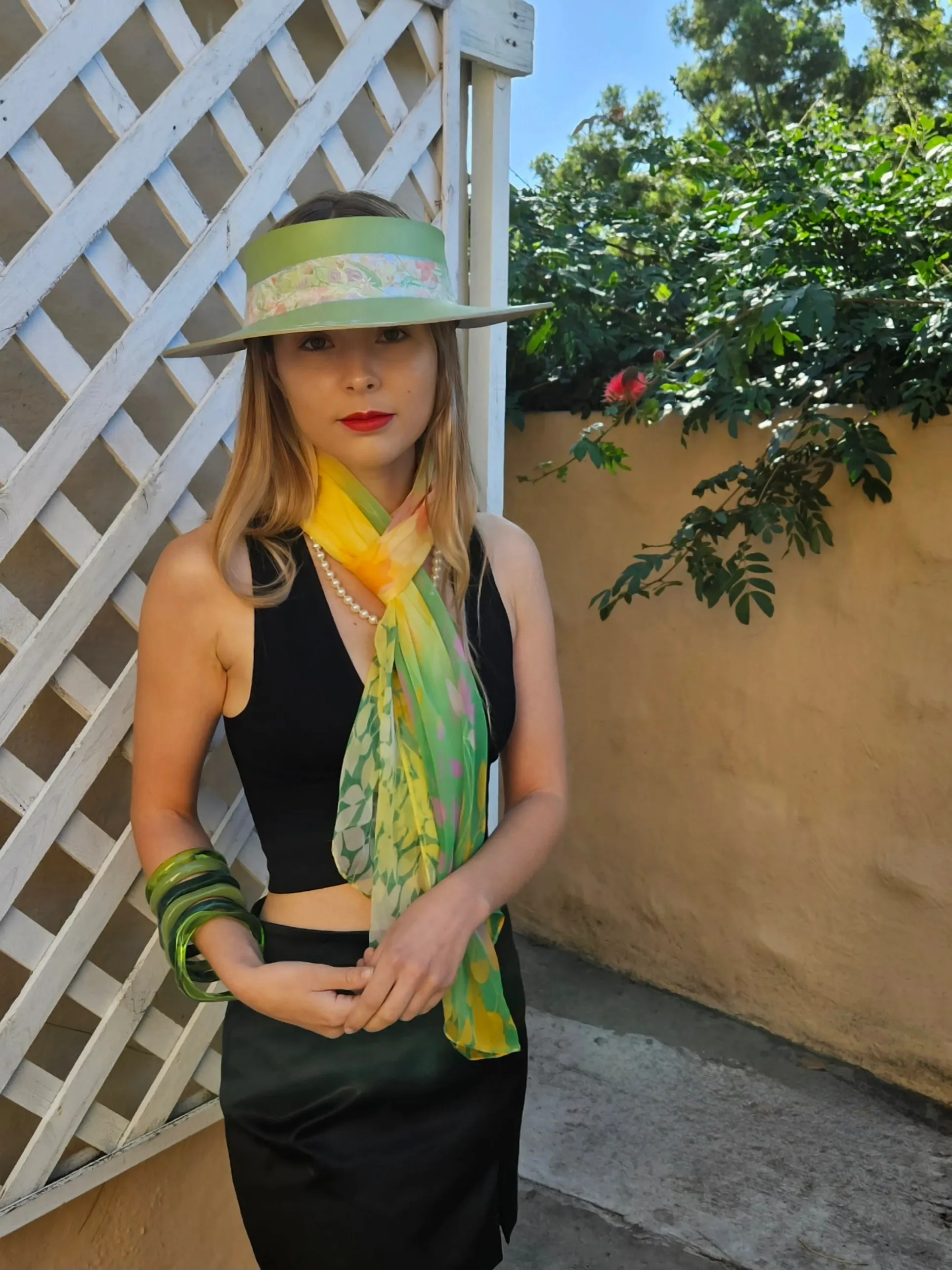 Green "LadyEVA" Visor Hat with Bright Pastel Garden Band and Handpainted Floral Motif