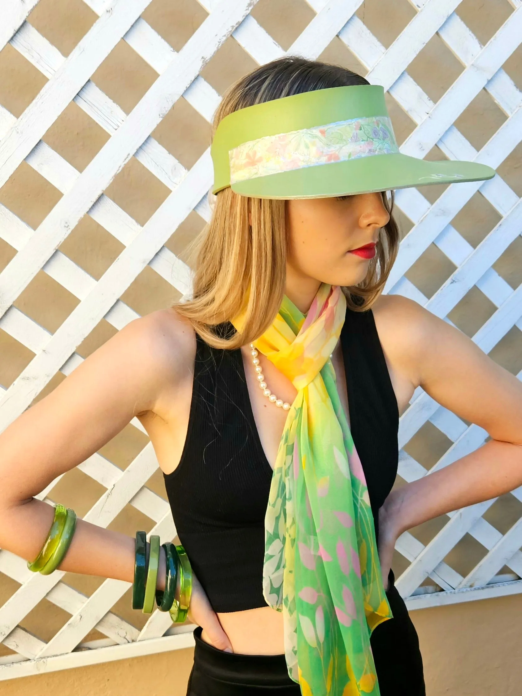 Green "LadyEVA" Visor Hat with Bright Pastel Garden Band and Handpainted Floral Motif