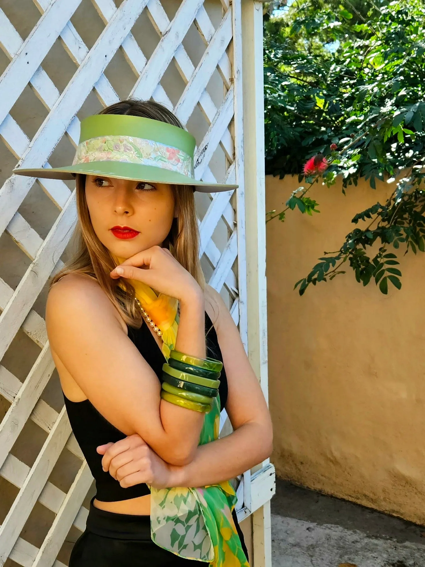 Green "LadyEVA" Visor Hat with Bright Pastel Garden Band and Handpainted Floral Motif