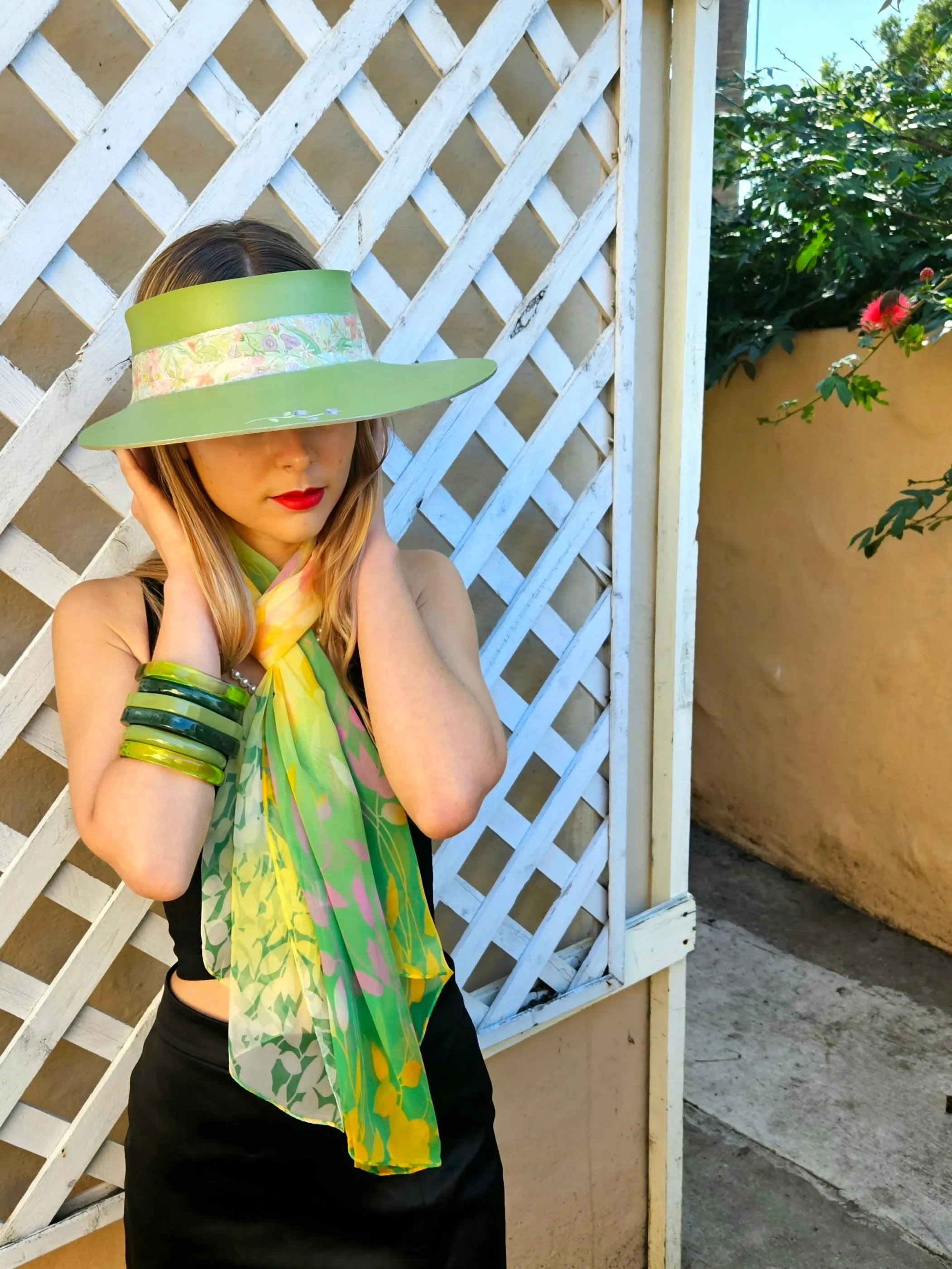 Green "LadyEVA" Visor Hat with Bright Pastel Garden Band and Handpainted Floral Motif