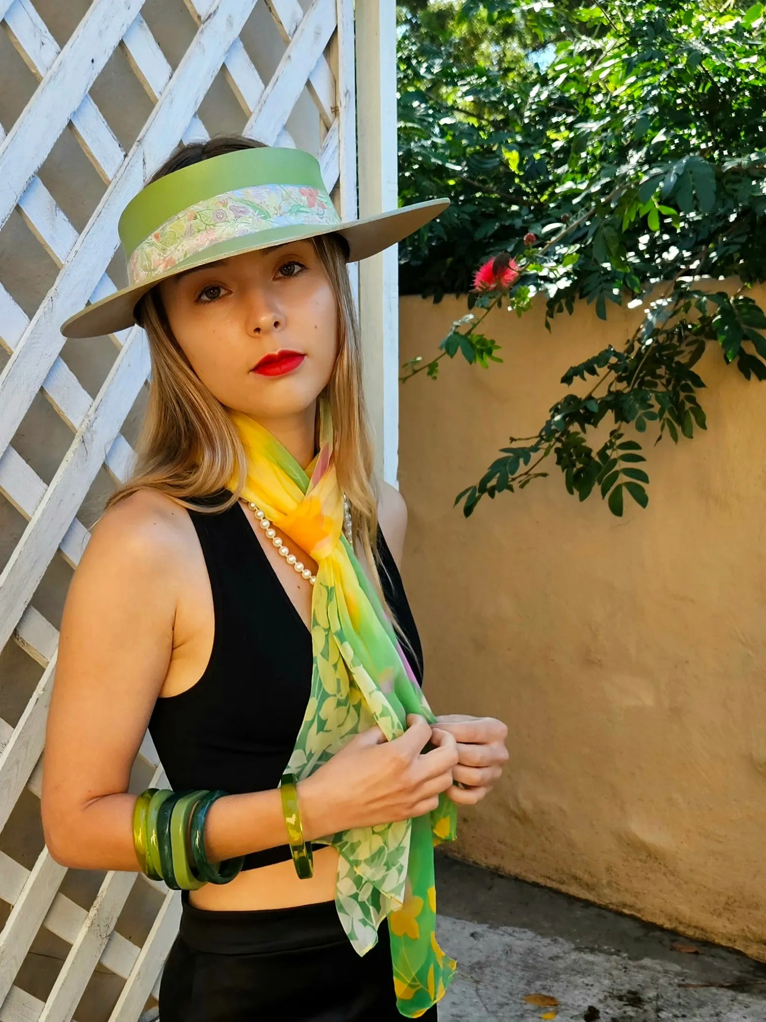 Green "LadyEVA" Visor Hat with Bright Pastel Garden Band and Handpainted Floral Motif