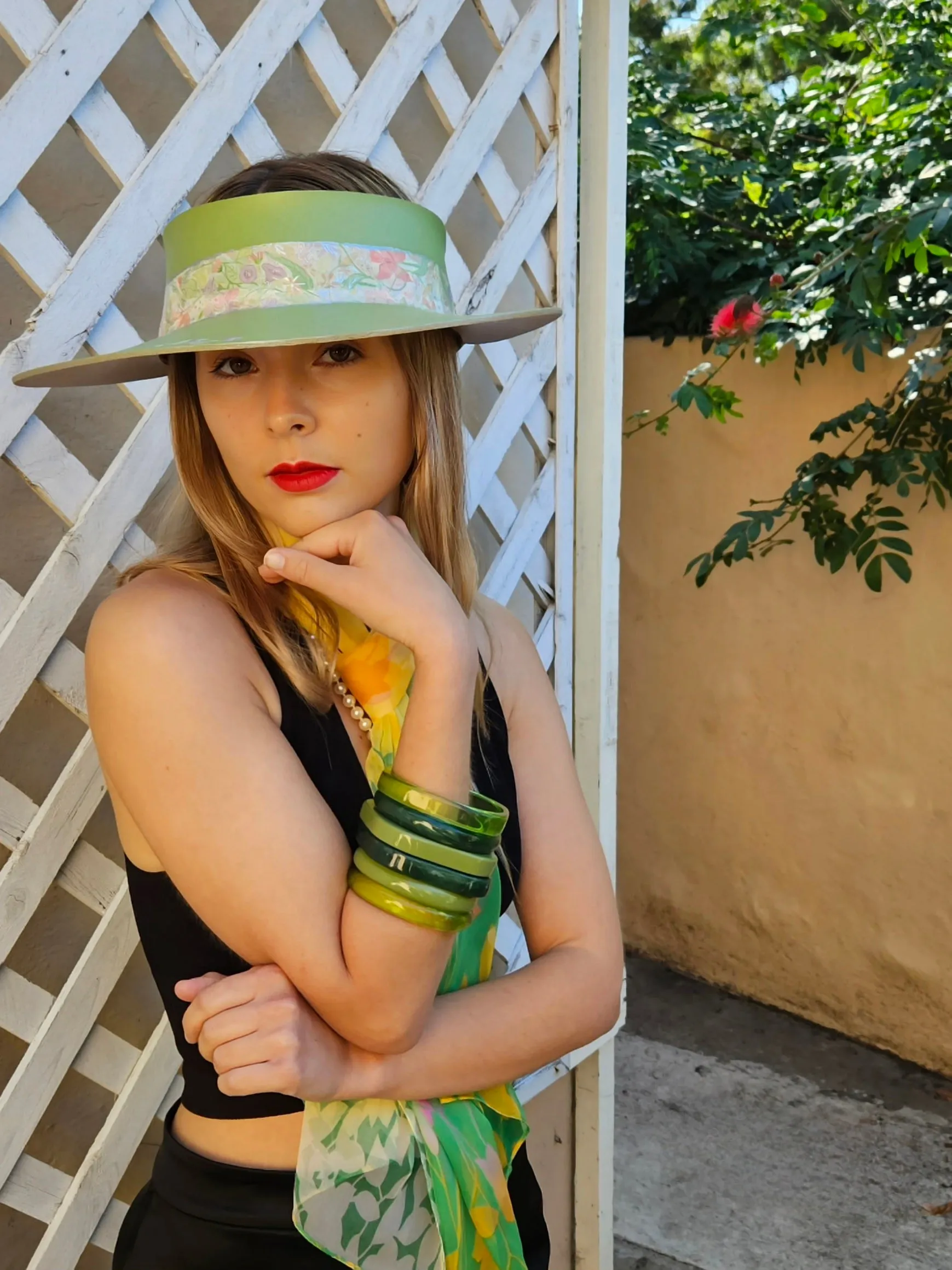 Green "LadyEVA" Visor Hat with Bright Pastel Garden Band and Handpainted Floral Motif