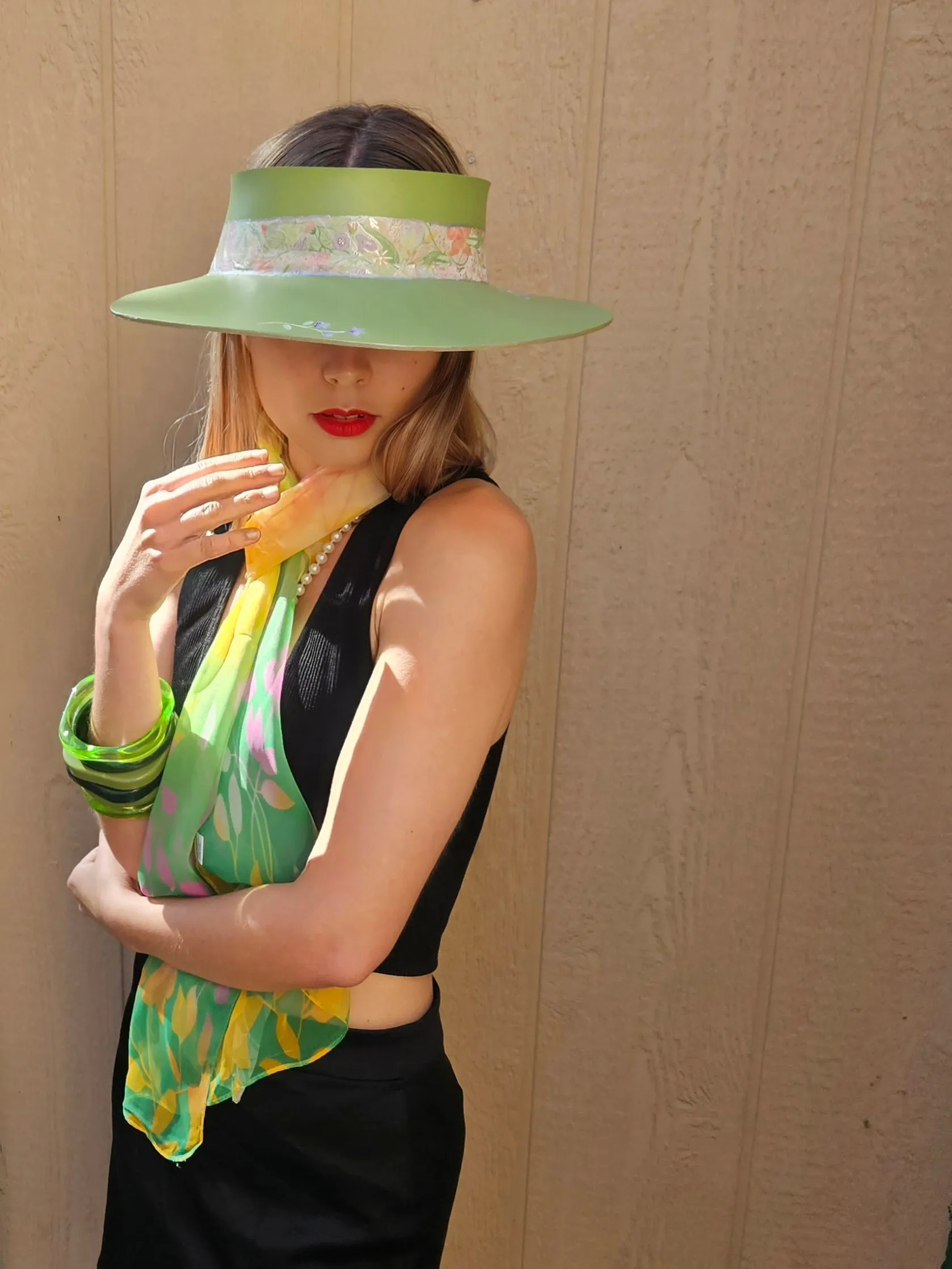 Green "LadyEVA" Visor Hat with Bright Pastel Garden Band and Handpainted Floral Motif