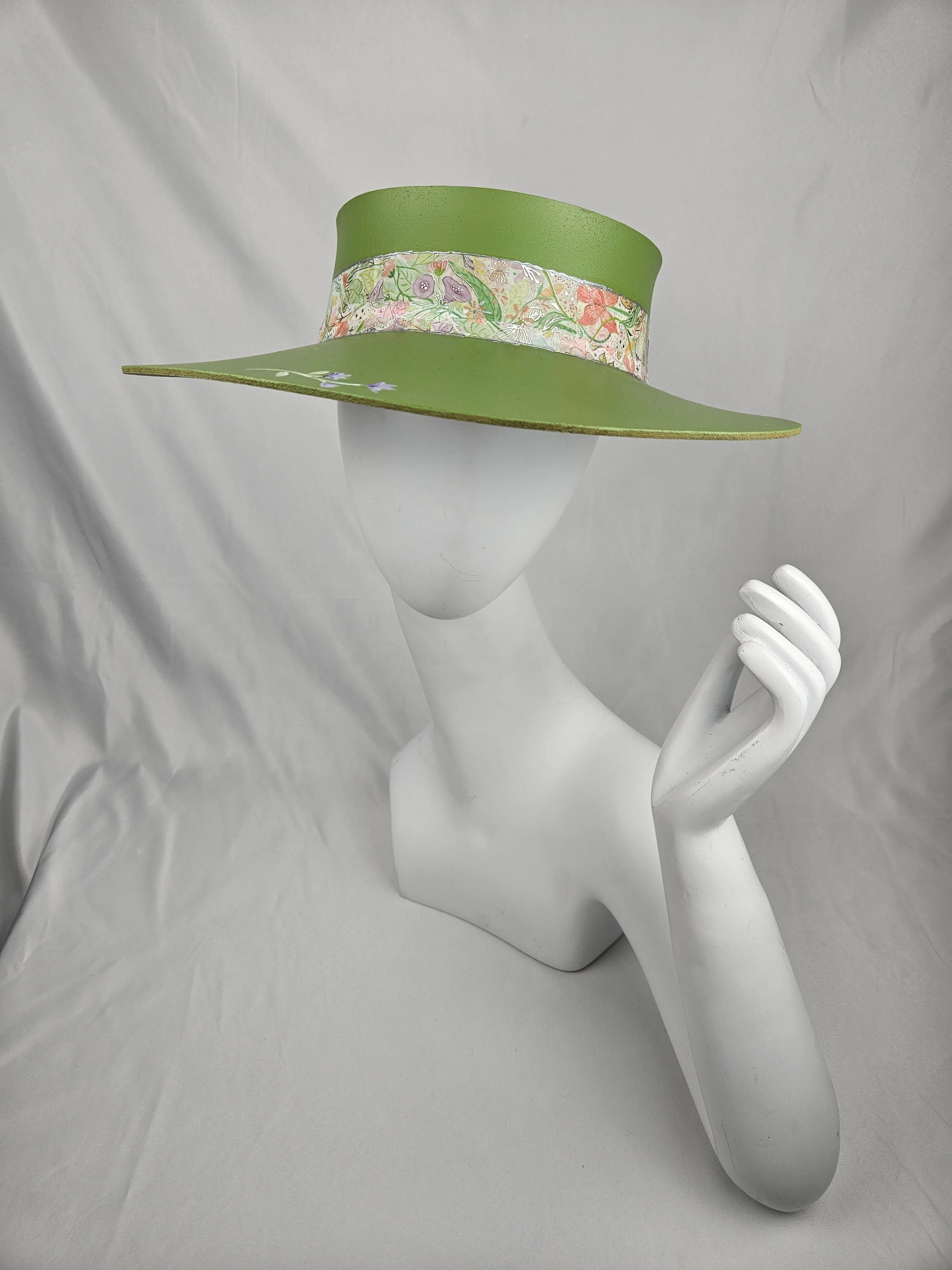 Green "LadyEVA" Visor Hat with Bright Pastel Garden Band and Handpainted Floral Motif