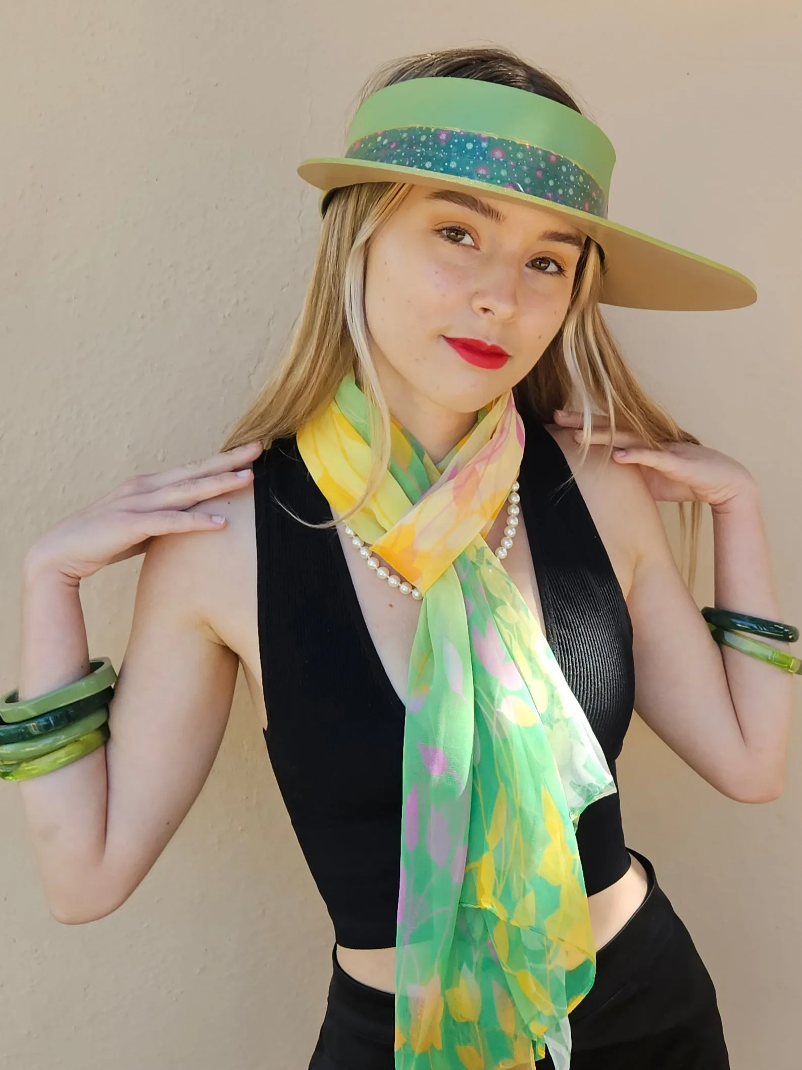 Green "LadyEVA" Visor Hat with Dark Green Floral Band