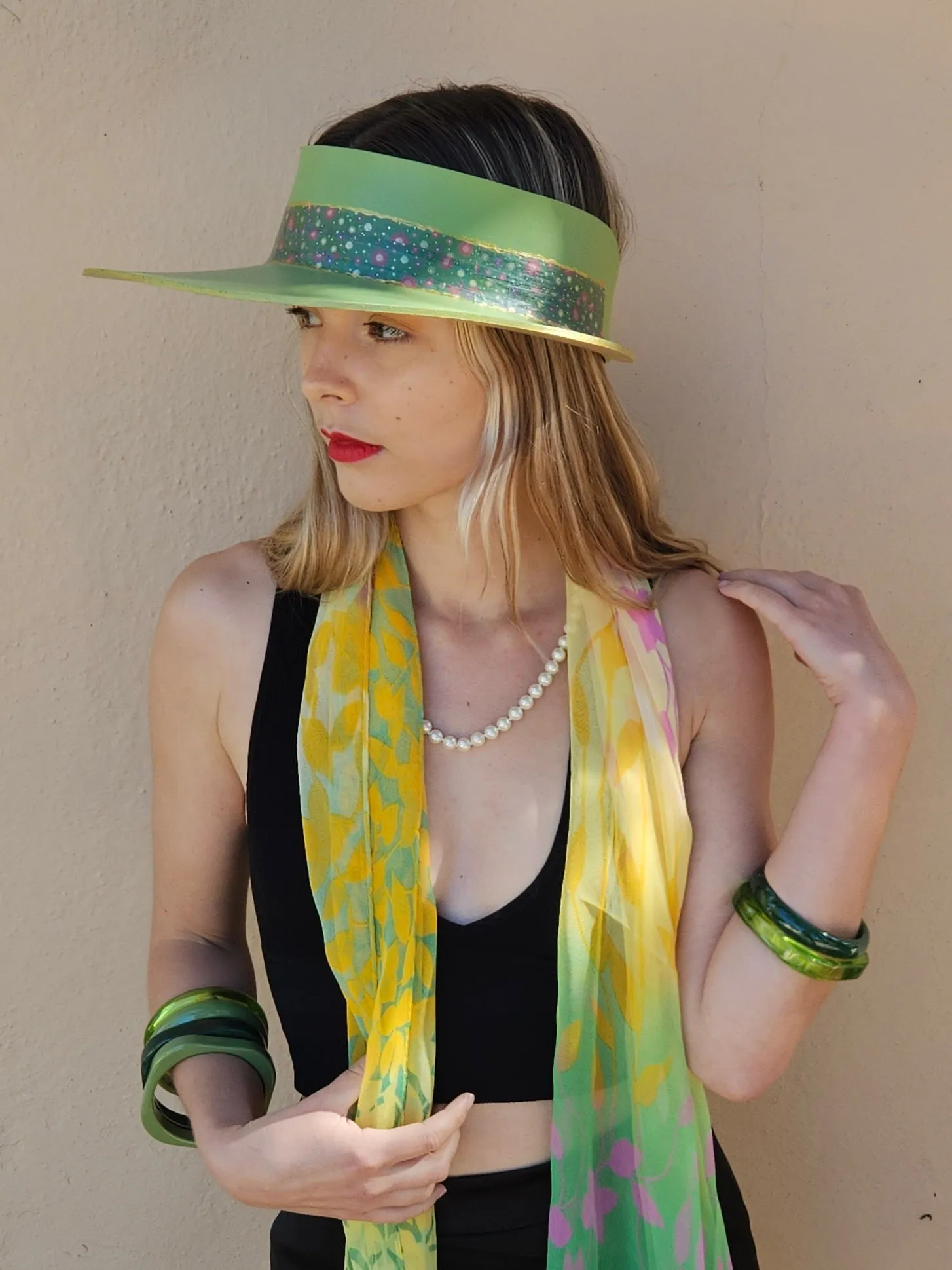 Green "LadyEVA" Visor Hat with Dark Green Floral Band