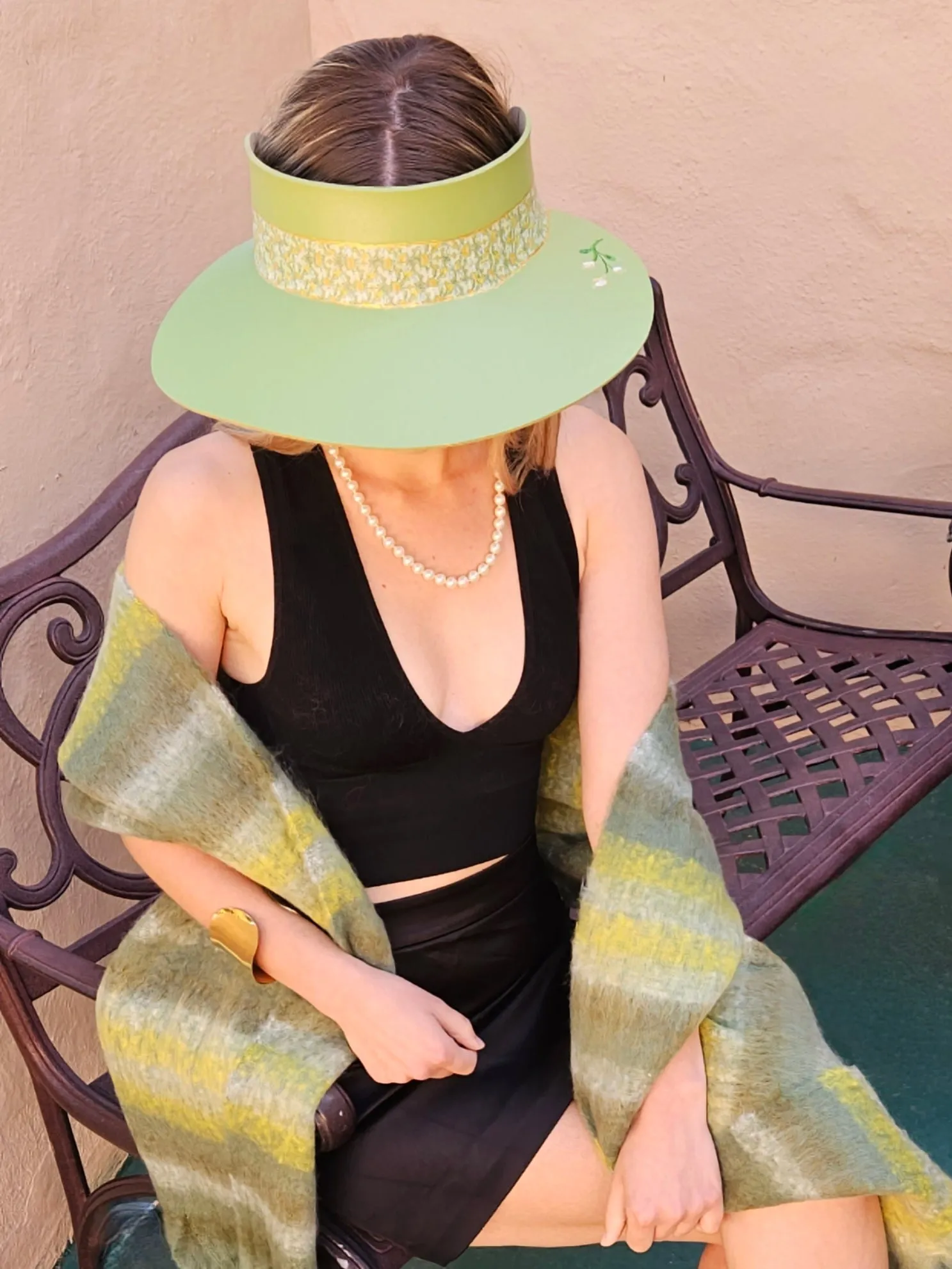 Green "LadyEVA" Visor Hat with Green Floral Band and Handpainted Motif