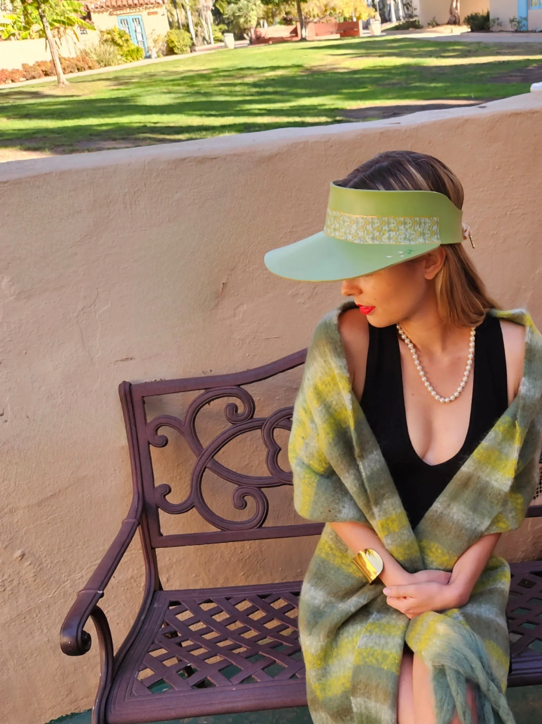 Green "LadyEVA" Visor Hat with Green Floral Band and Handpainted Motif