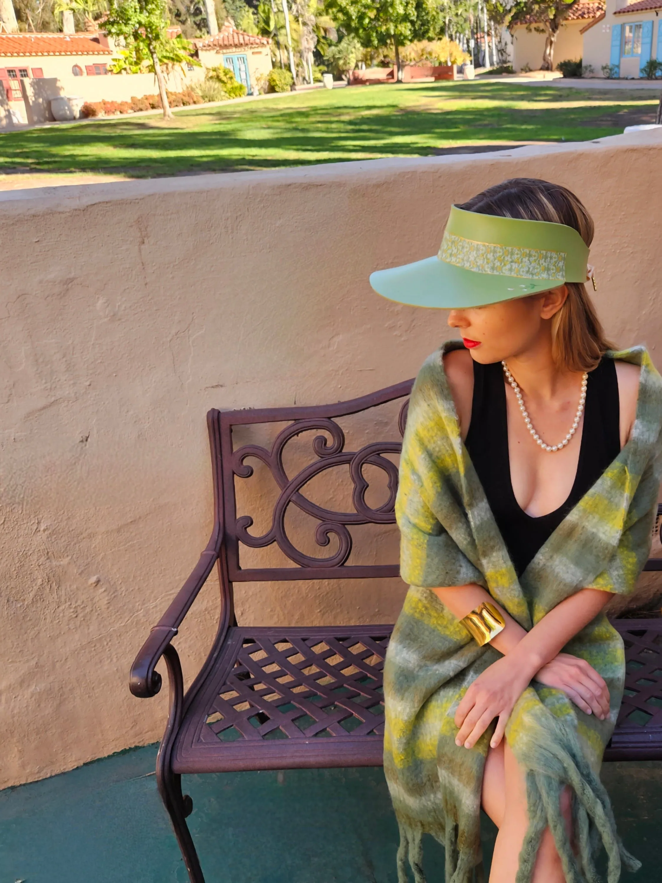 Green "LadyEVA" Visor Hat with Green Floral Band and Handpainted Motif