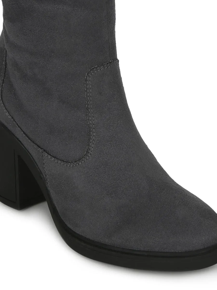 Grey Micro Block Heel Long Boots