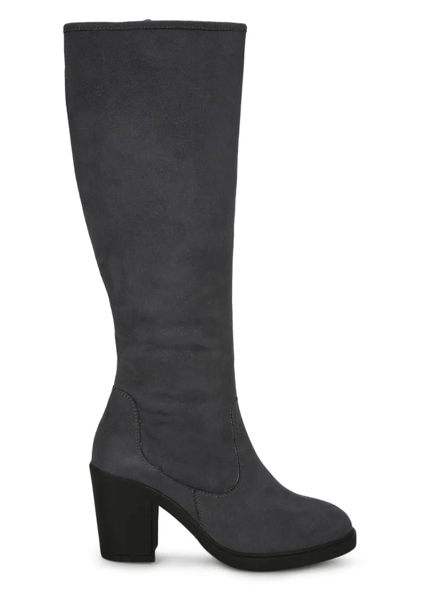 Grey Micro Block Heel Long Boots