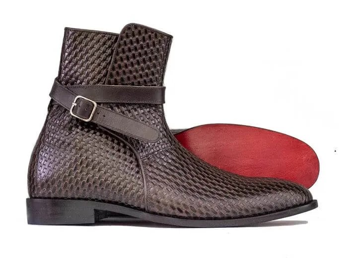 Handmade Ankle High Woven Texture Leather Boot, Men's Jodhpurs Braided Style Leather Boot