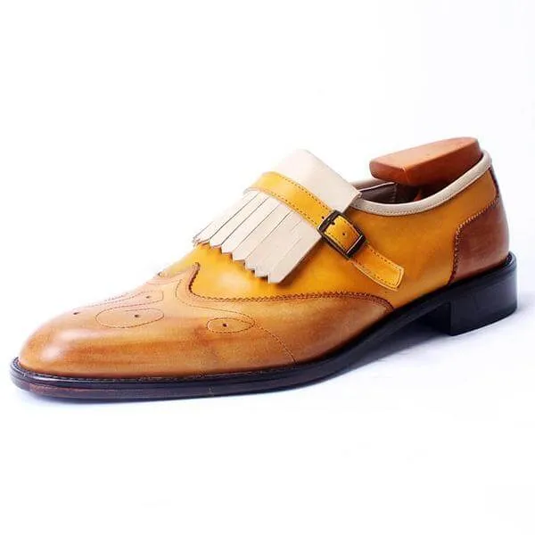 Handmade Men Wing Tip Single Monk Strap Fringe Tan & Brown Leather Dress Shoes