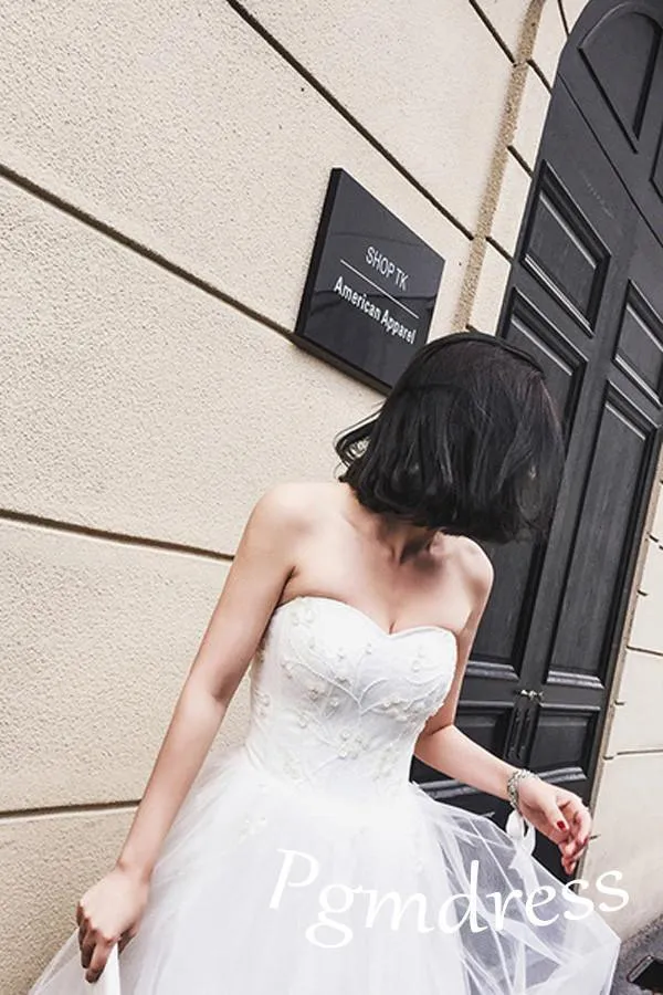 High Low Sweet Heart Tulle Beading Wedding Dresses With Court Train  WD085