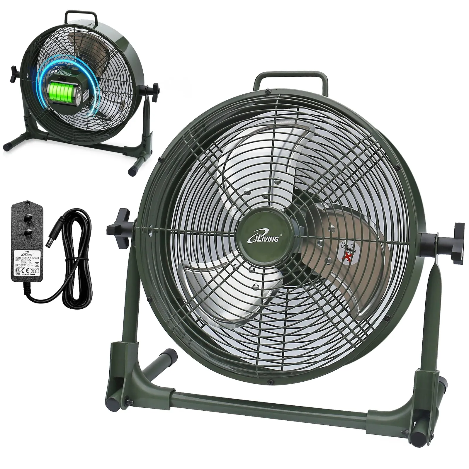 ILG8RX12 - iLiving 12" Rechargeable Battery Operated Camping Floor Fan, High Velocity Portable Outdoor Fan with Metal Blade, With Built-in Lithium Battery for Whole Day Usage, 12 Inches, Military Green