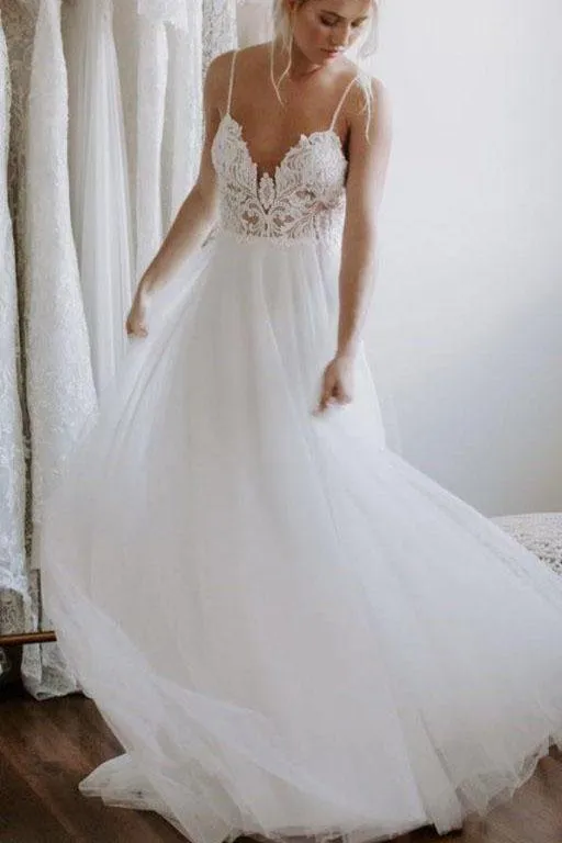 Ivory Backless Spaghetti Straps Tulle Beach Wedding Dresses, Lace Applique Bridal Dress UQ2415