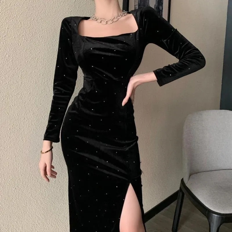 Joskaa Black Friday Sales Black Velvet Long Dress Women Elegant Vintage Square Collar Long Sleeve Dress Korean Sexy Casual Evening Party Dress Autumn