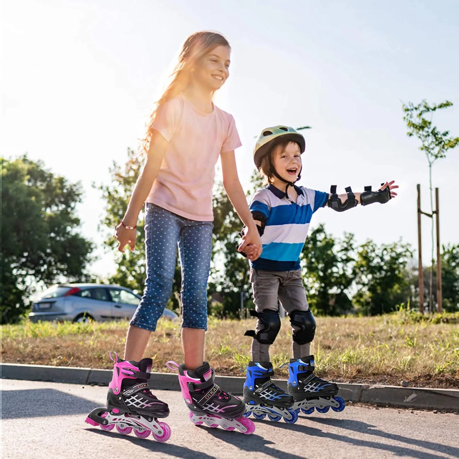 Kids Adjustable Inline Skates with Light Up Wheels Size27-32 Pink