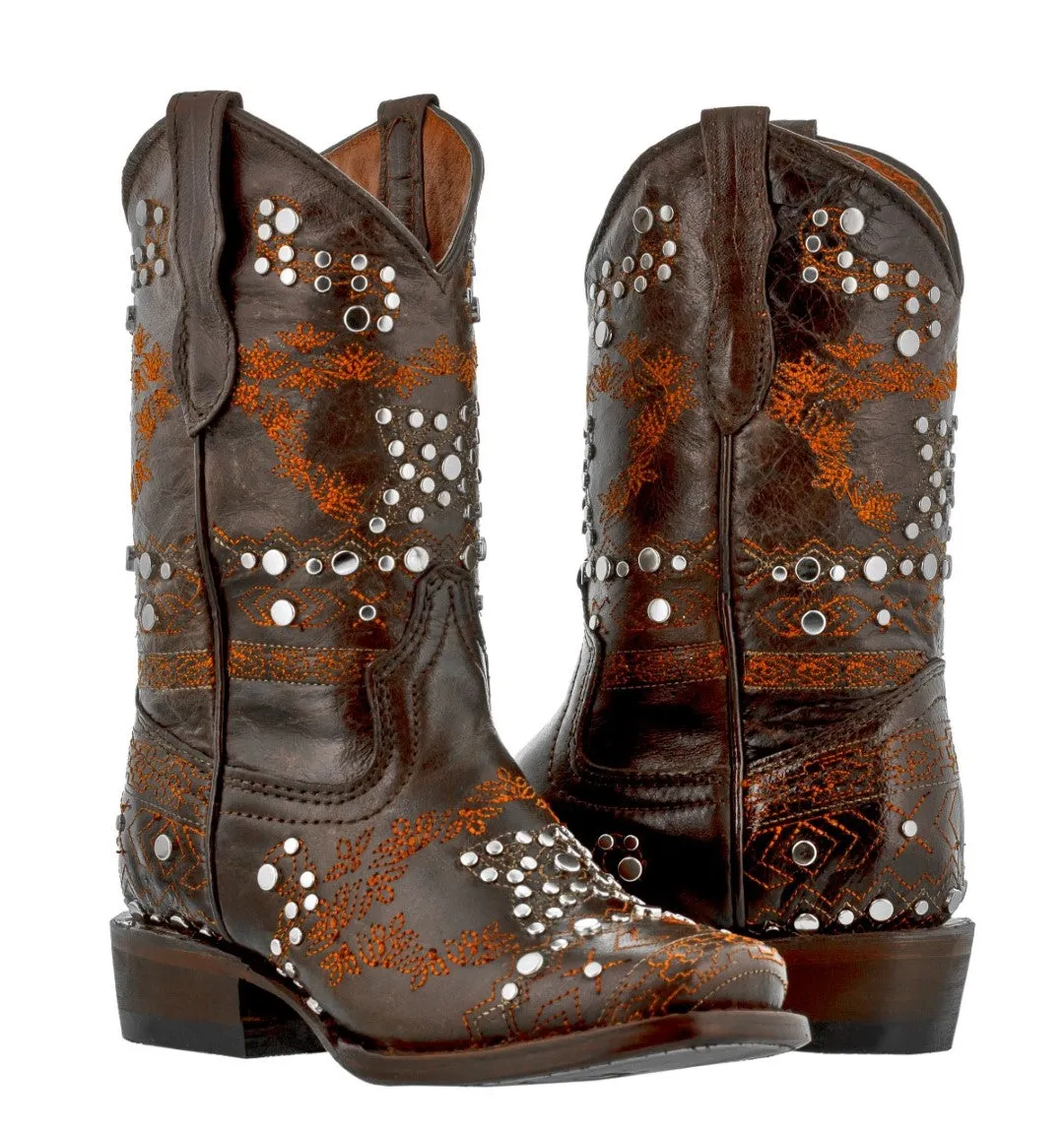 Kids Pescara Brown Western Cowboy Boots Leather - Square Toe