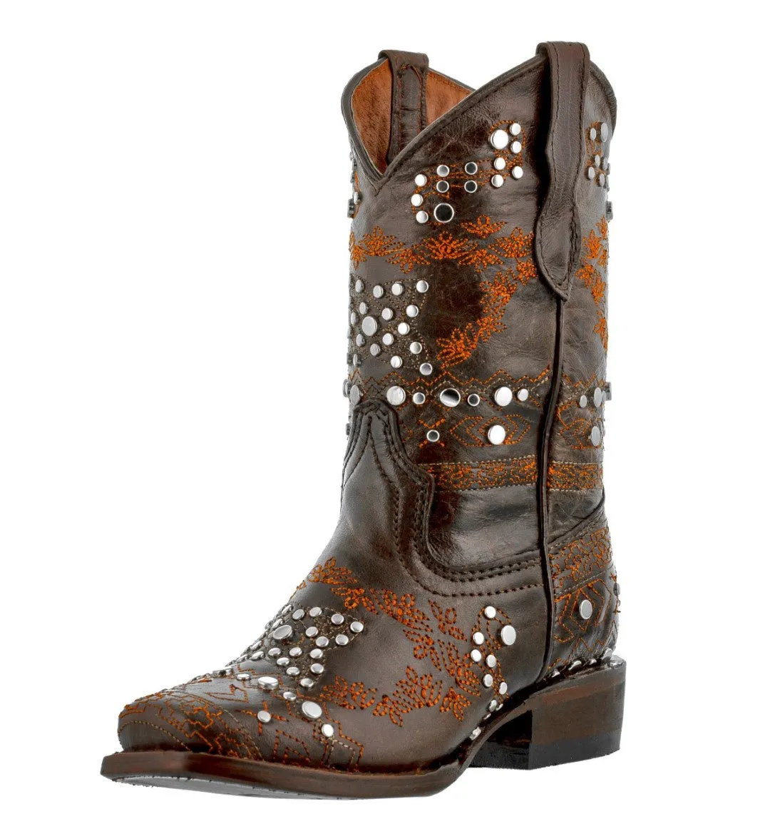 Kids Pescara Brown Western Cowboy Boots Leather - Square Toe