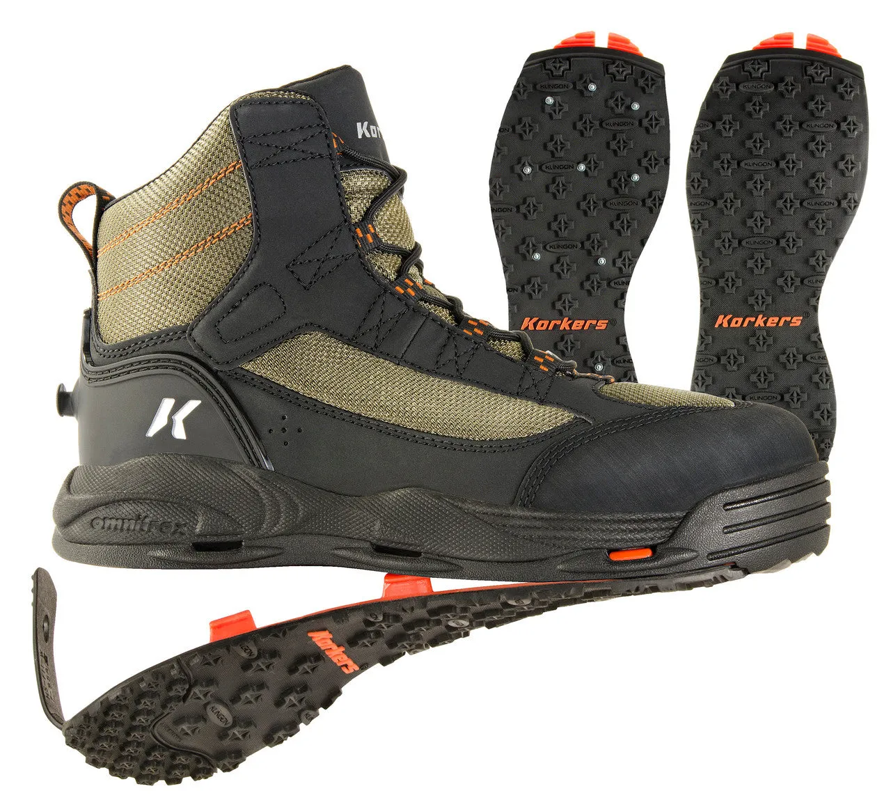 Korkers Mens Olive/Black Greenback Wading Boots with Kling-On & Studded Kling-On Soles