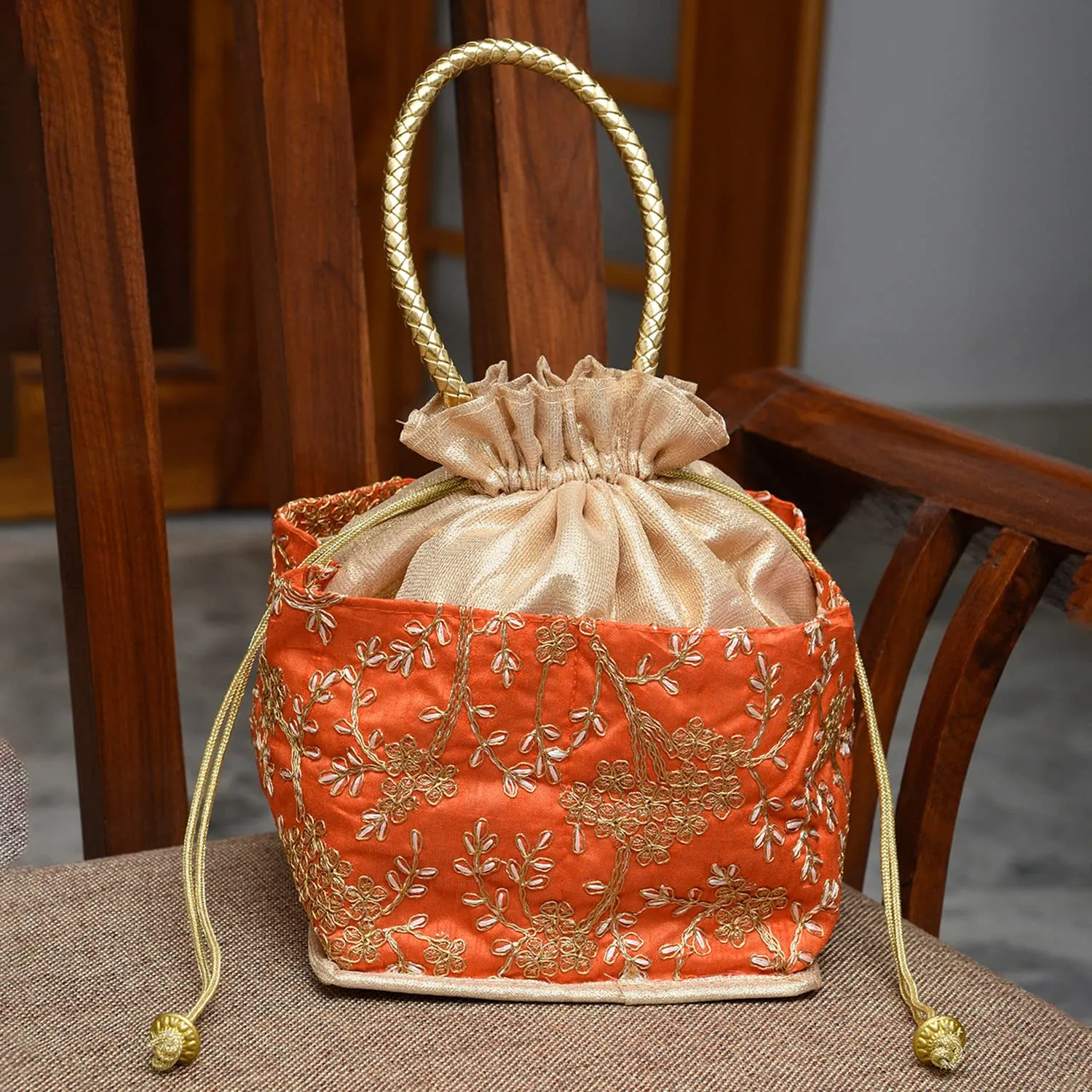 Kuber Industries Hand Bag|Silk Embroidery Drawstring Bag|Traditional Indian Handmade 5 Pocket Potli Bag with Golden Handle|Pack of 2 (Orange)