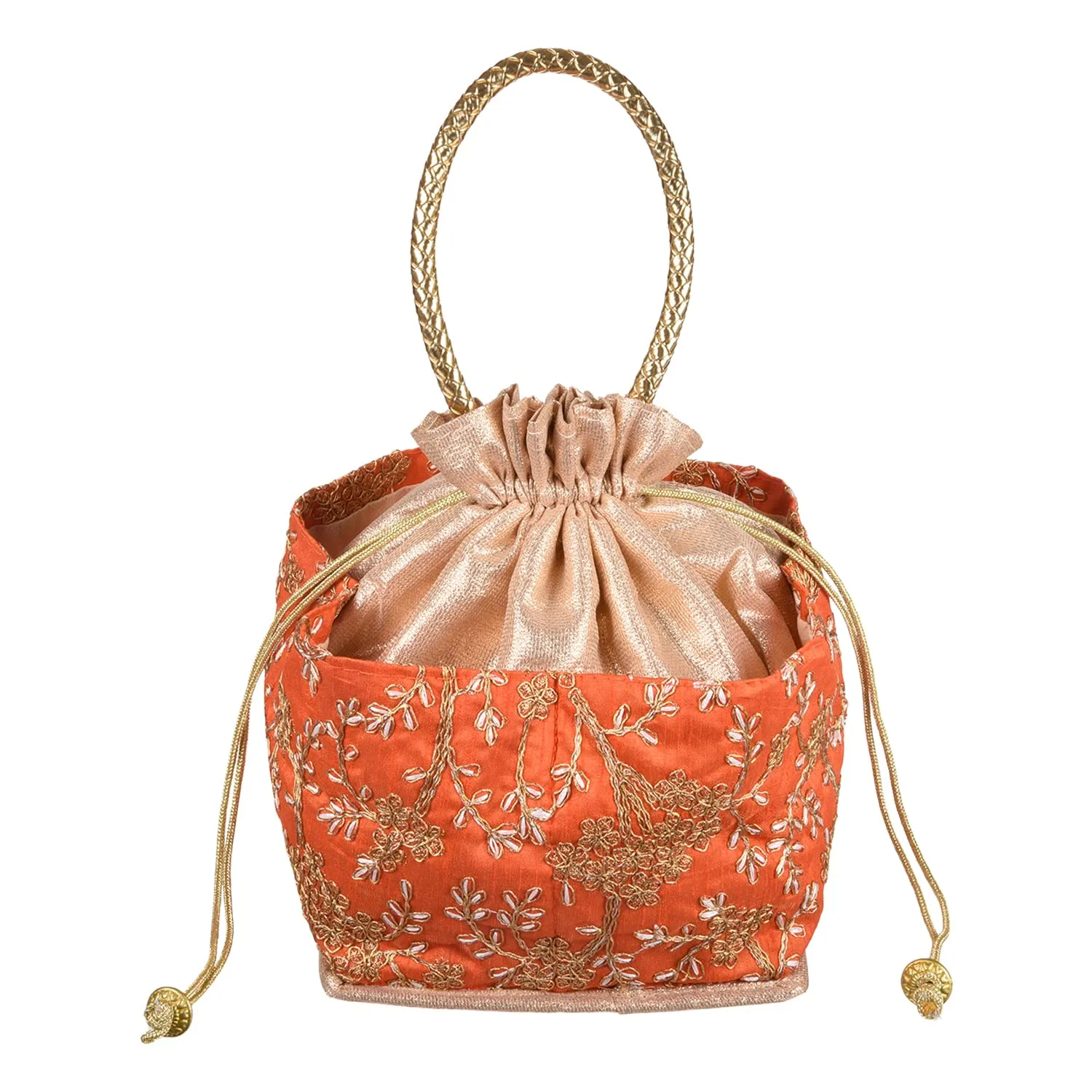 Kuber Industries Hand Bag|Silk Embroidery Drawstring Bag|Traditional Indian Handmade 5 Pocket Potli Bag with Golden Handle|Pack of 2 (Orange)