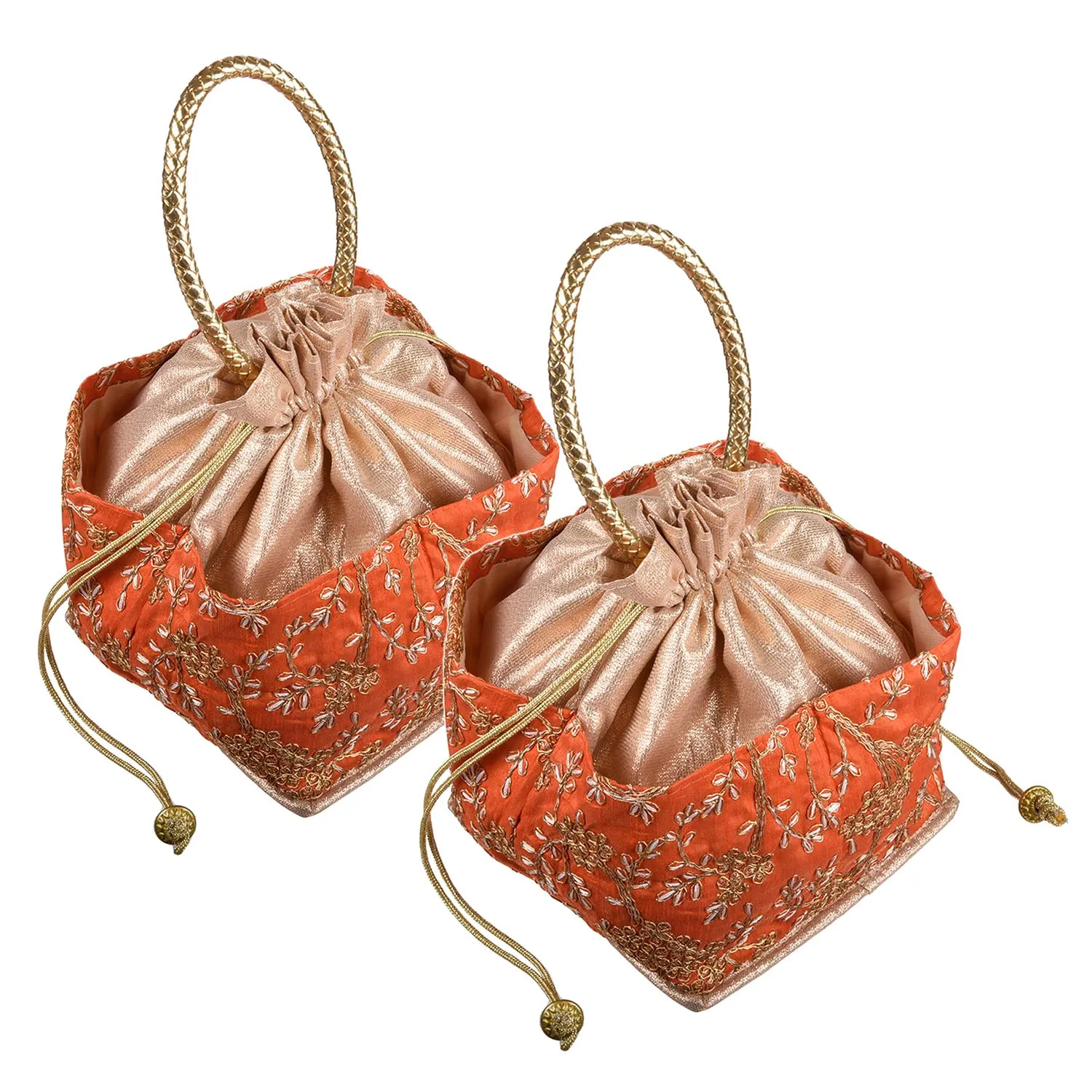 Kuber Industries Hand Bag|Silk Embroidery Drawstring Bag|Traditional Indian Handmade 5 Pocket Potli Bag with Golden Handle|Pack of 2 (Orange)